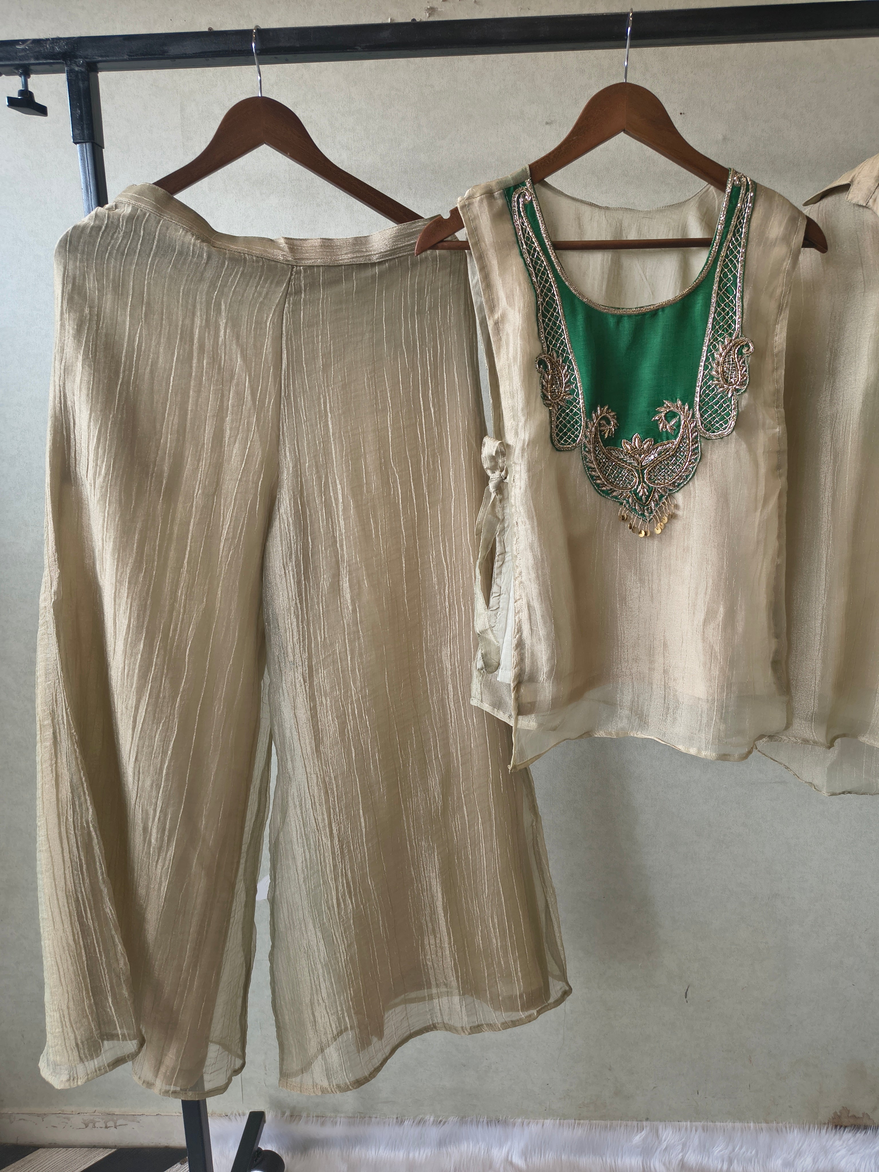Image of Premium Champagne Gold Tissue Silk 3-Piece Co-Ord Set with Emerald Hand Embellished Jacket, Inner & Palazzo
