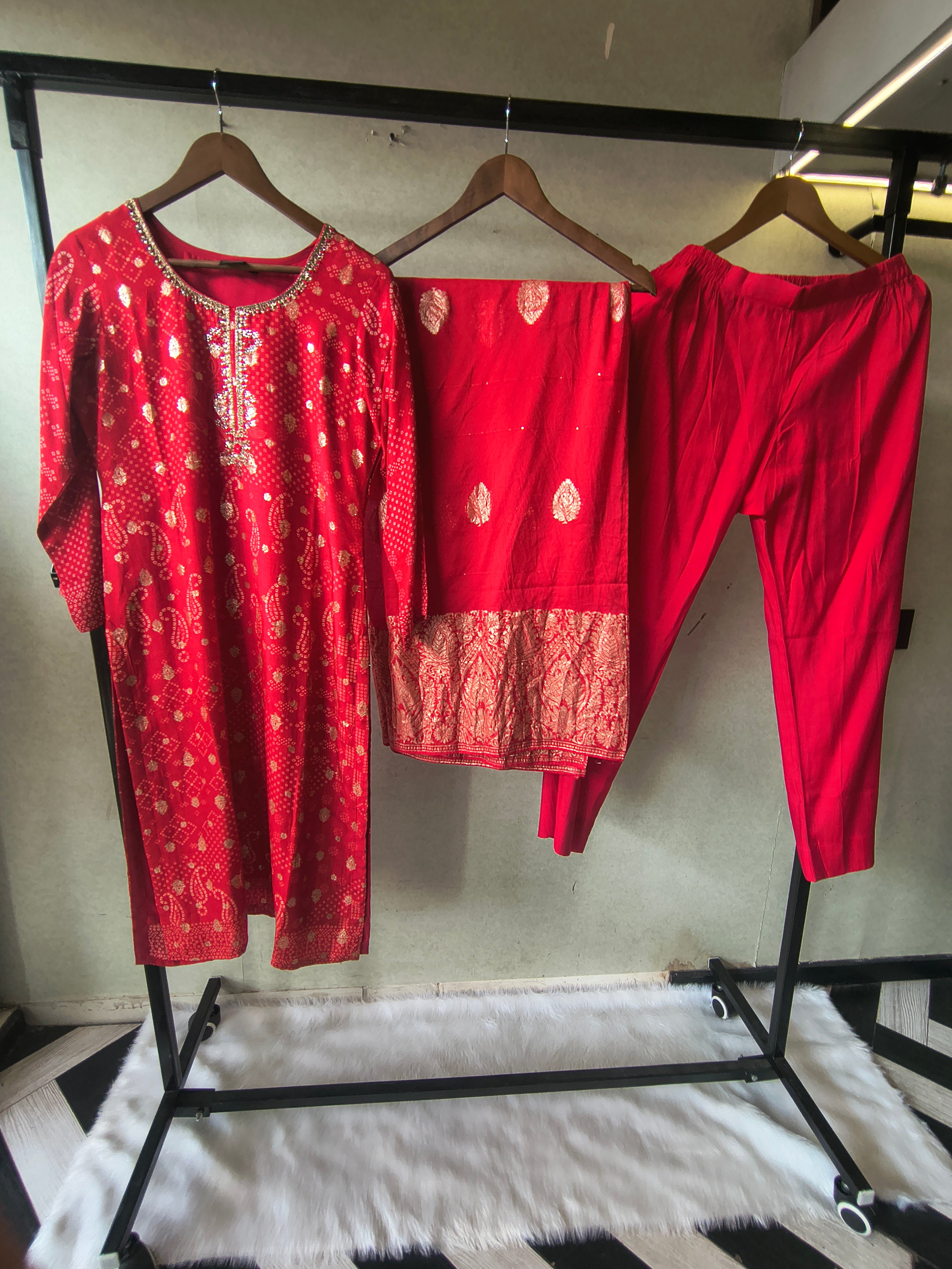 Image of Premium Crimson Red Zari Woven Kurta with Straight Pants & Banarasi Border Dupatta Set