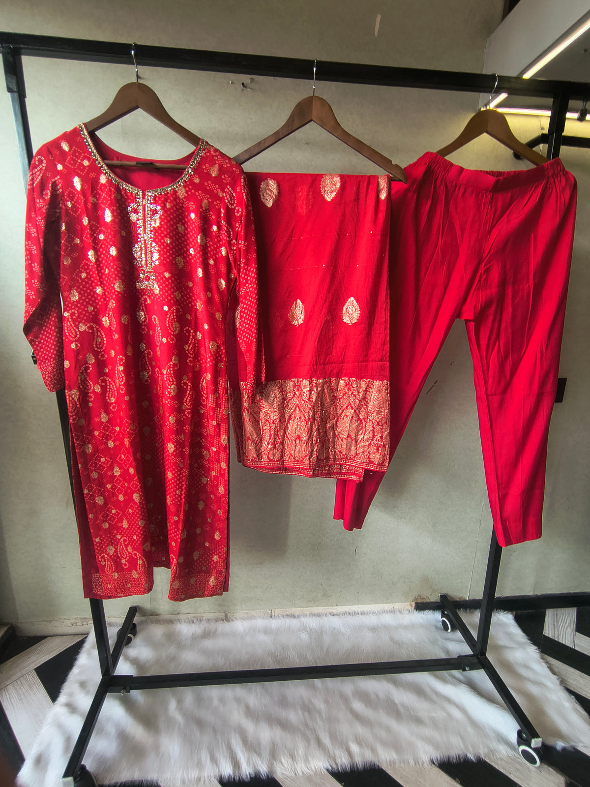 Premium Crimson Red Zari Woven Kurta with Straight Pants & Banarasi Border Dupatta Set