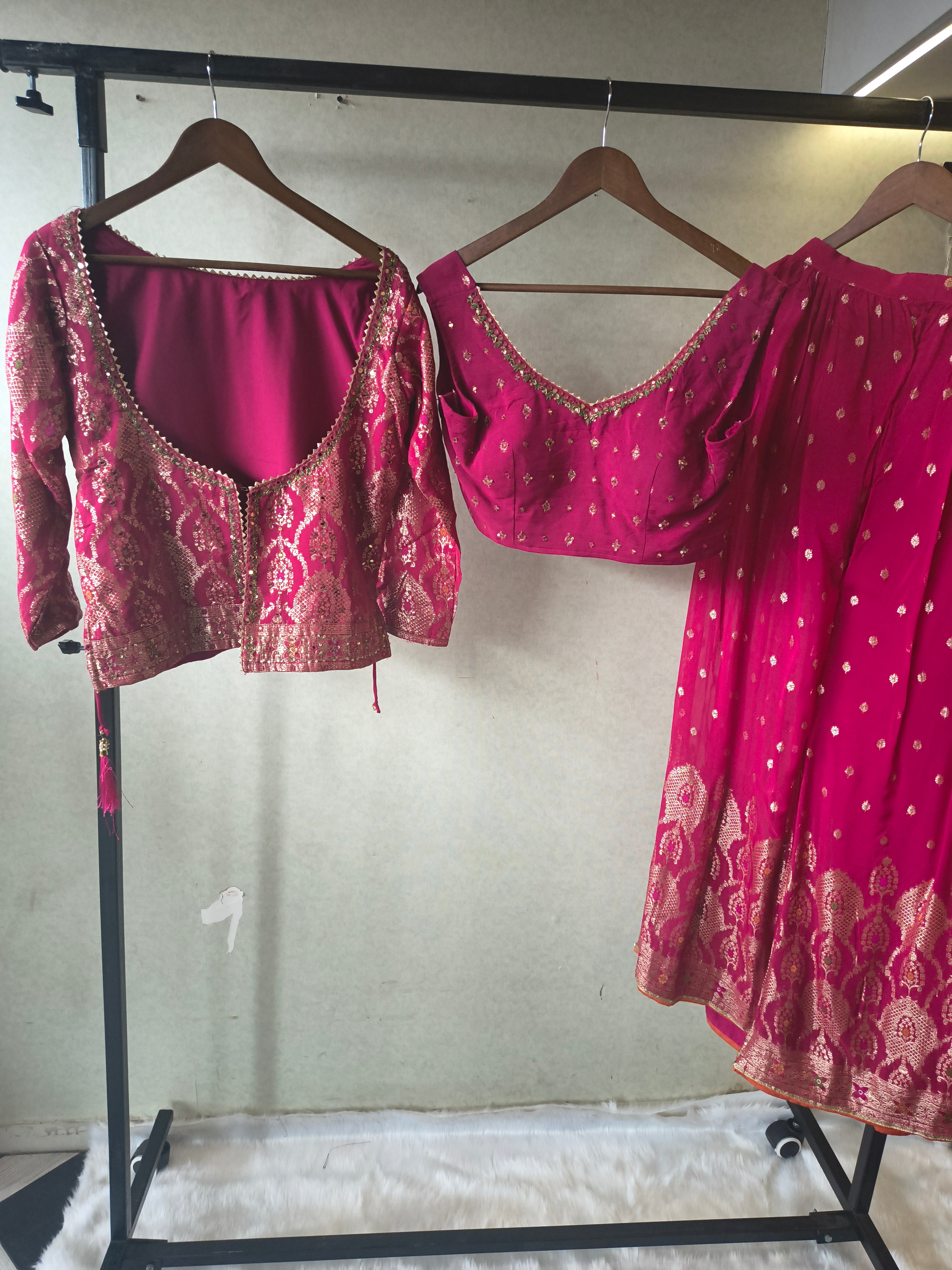 Image of Rani Pink Banarasi Lehenga Set with Dual Designer Blouses – Woven Festive Wedding Ensemble