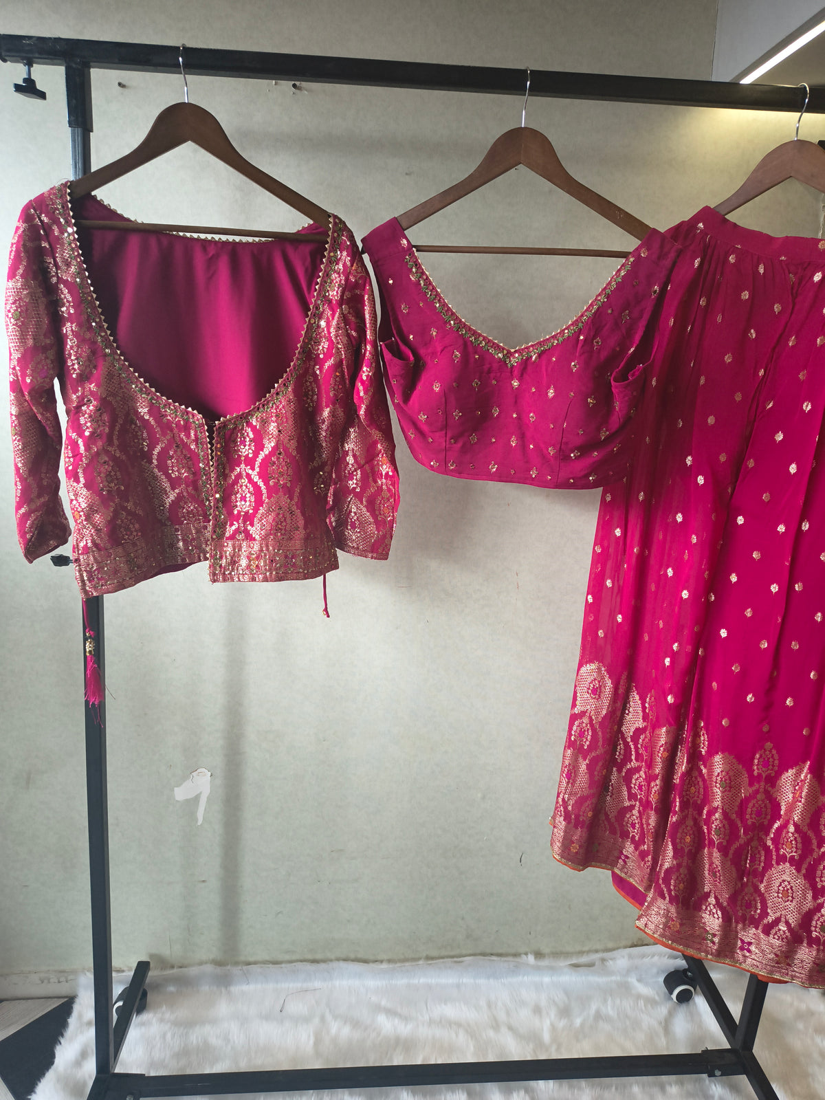 Rani Pink Banarasi Lehenga Set with Dual Designer Blouses – Woven Festive Wedding Ensemble