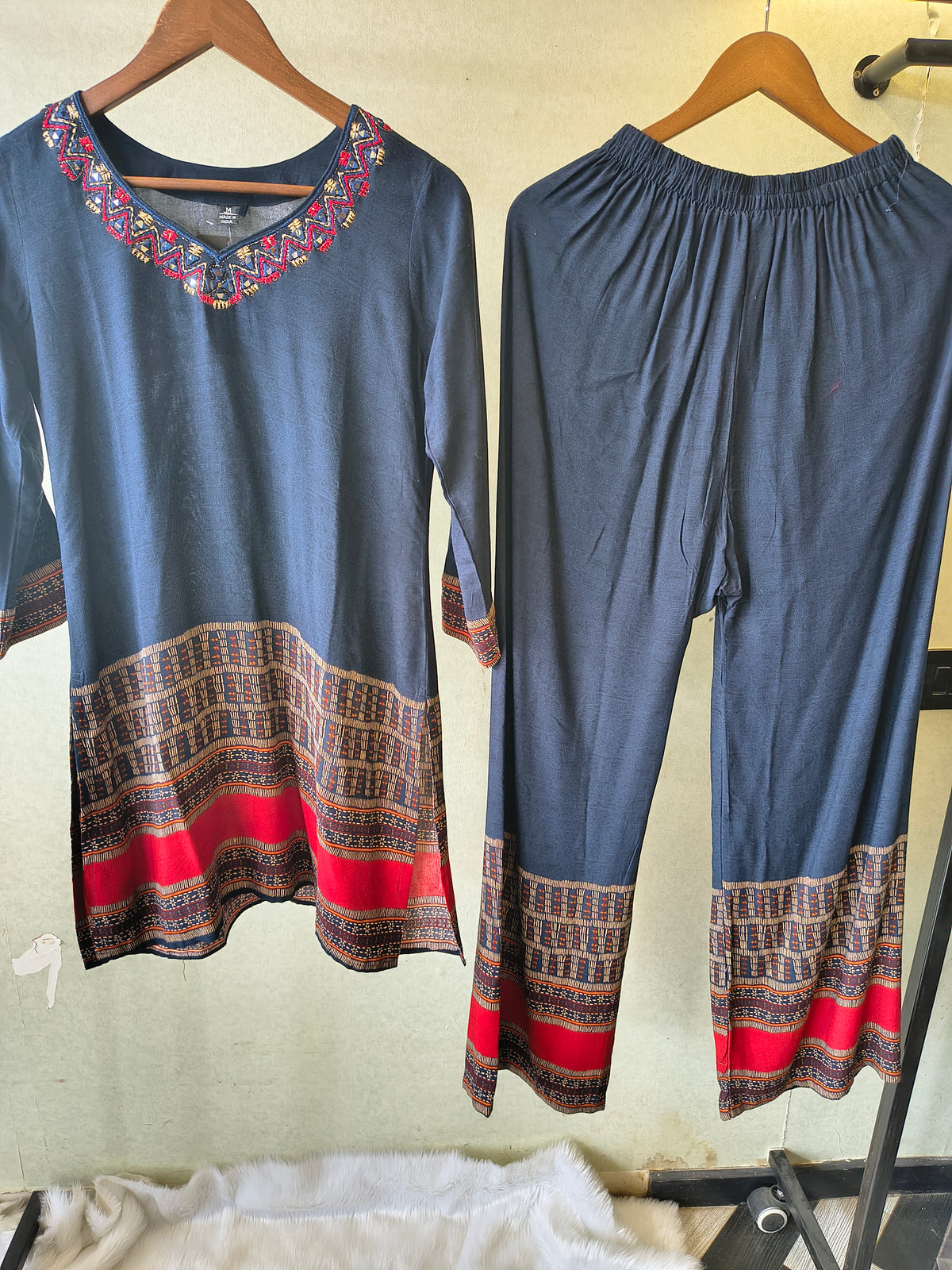 Navy Blue Ethnic Border Designer Co-Ord Set with Embroidered Neckline