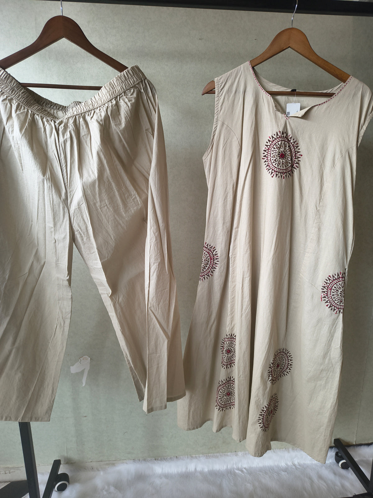 Premium Beige Hand Block Motif A-Line Kurta Set with Straight Pants