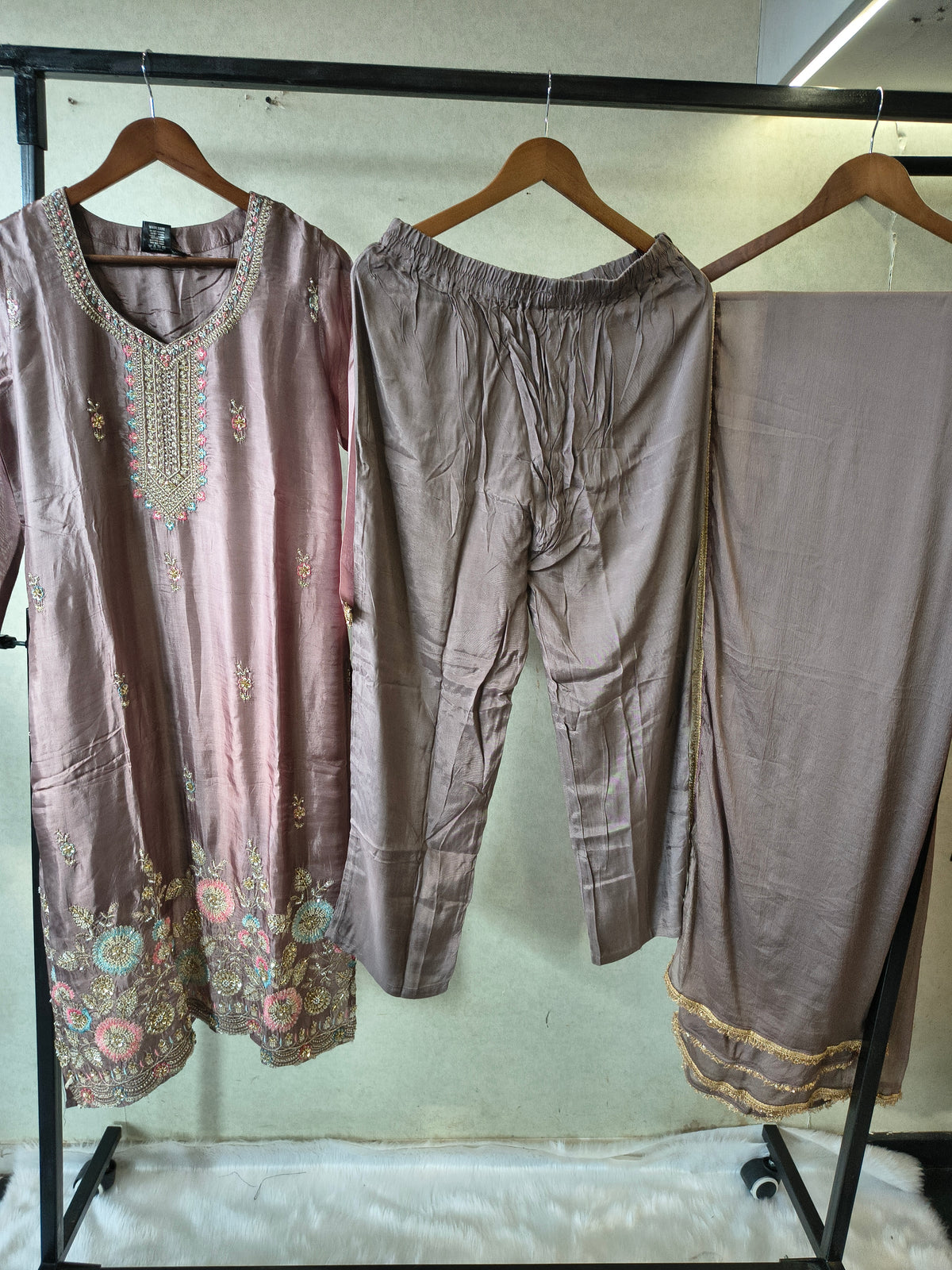 Taupe Grey Embroidered Straight Kurta Set with Pastel Floral Hem, Handcrafted Yoke & Lace Border Dupatta – Premium 3 Piece Ethnic Ensemble