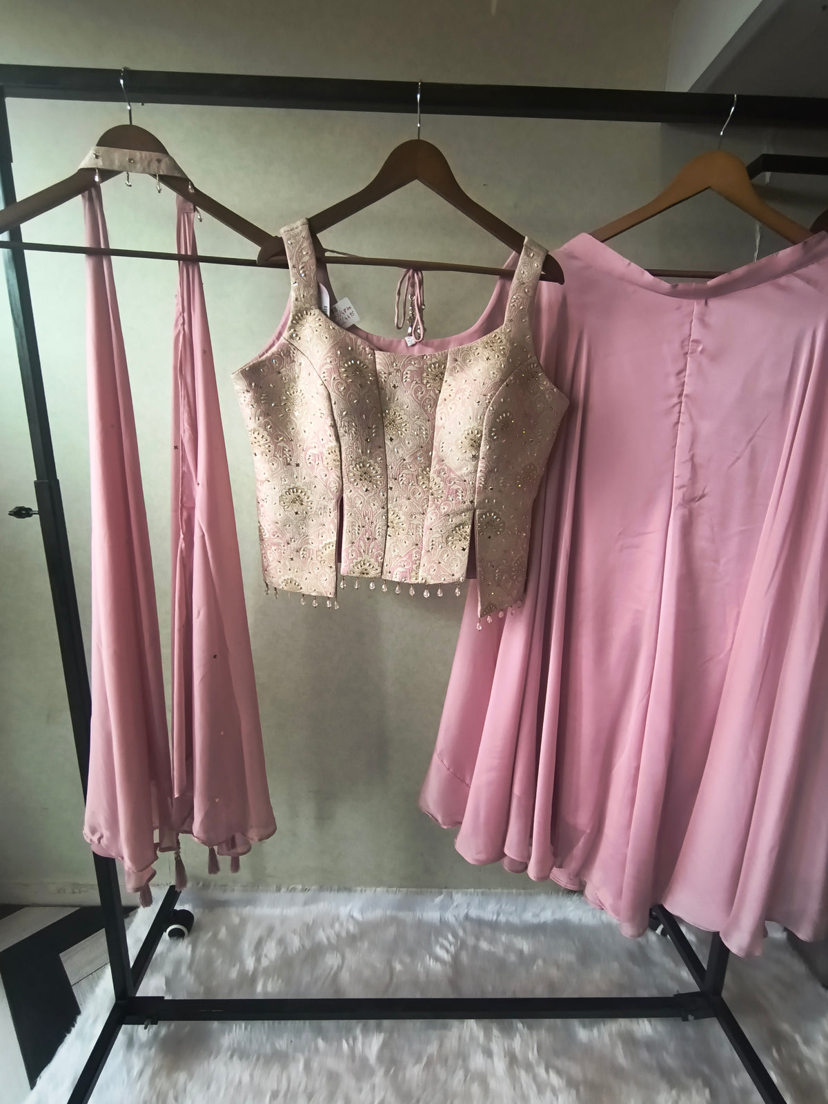 Premium Blush Pink 3-Piece Designer Lehenga Set with Brocade Embroidered Blouse & Tassel Dupatta
