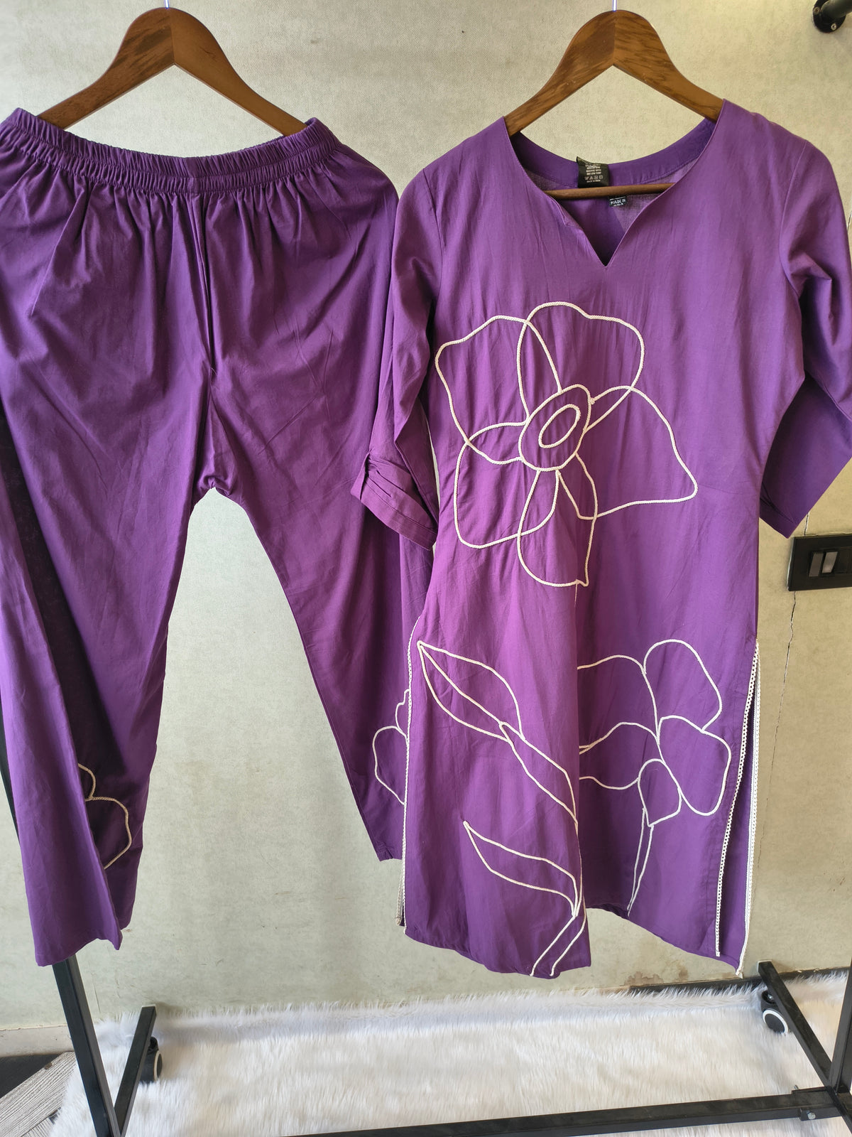 Royal Purple Floral Embroidered Cotton Kurta Set with Straight Pants