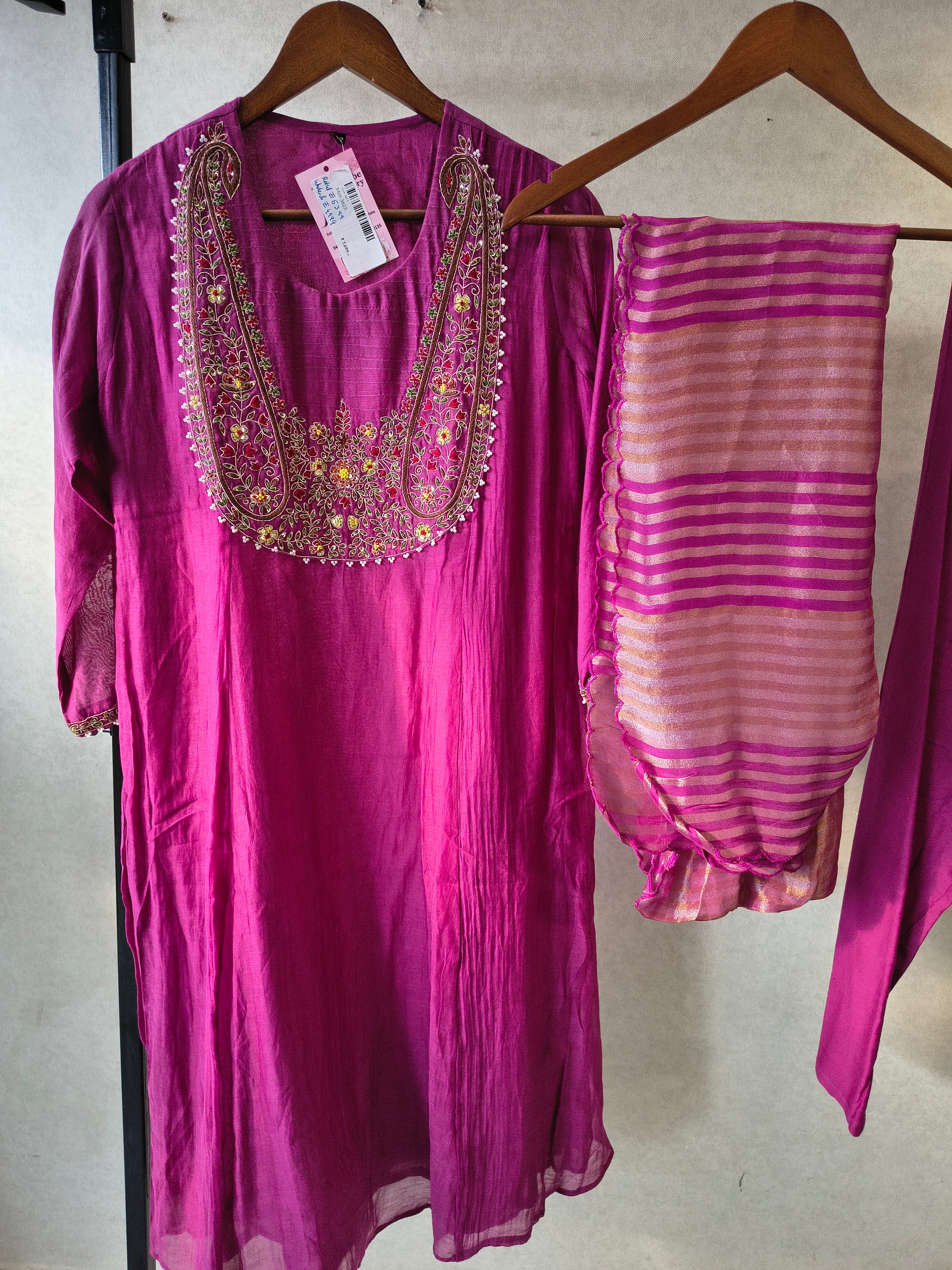Image of Magenta Embroidered Straight Kurta Set with Heavy Handcrafted Yoke, Striped Organza Dupatta & Premium 3 Piece Ethnic Ensemble