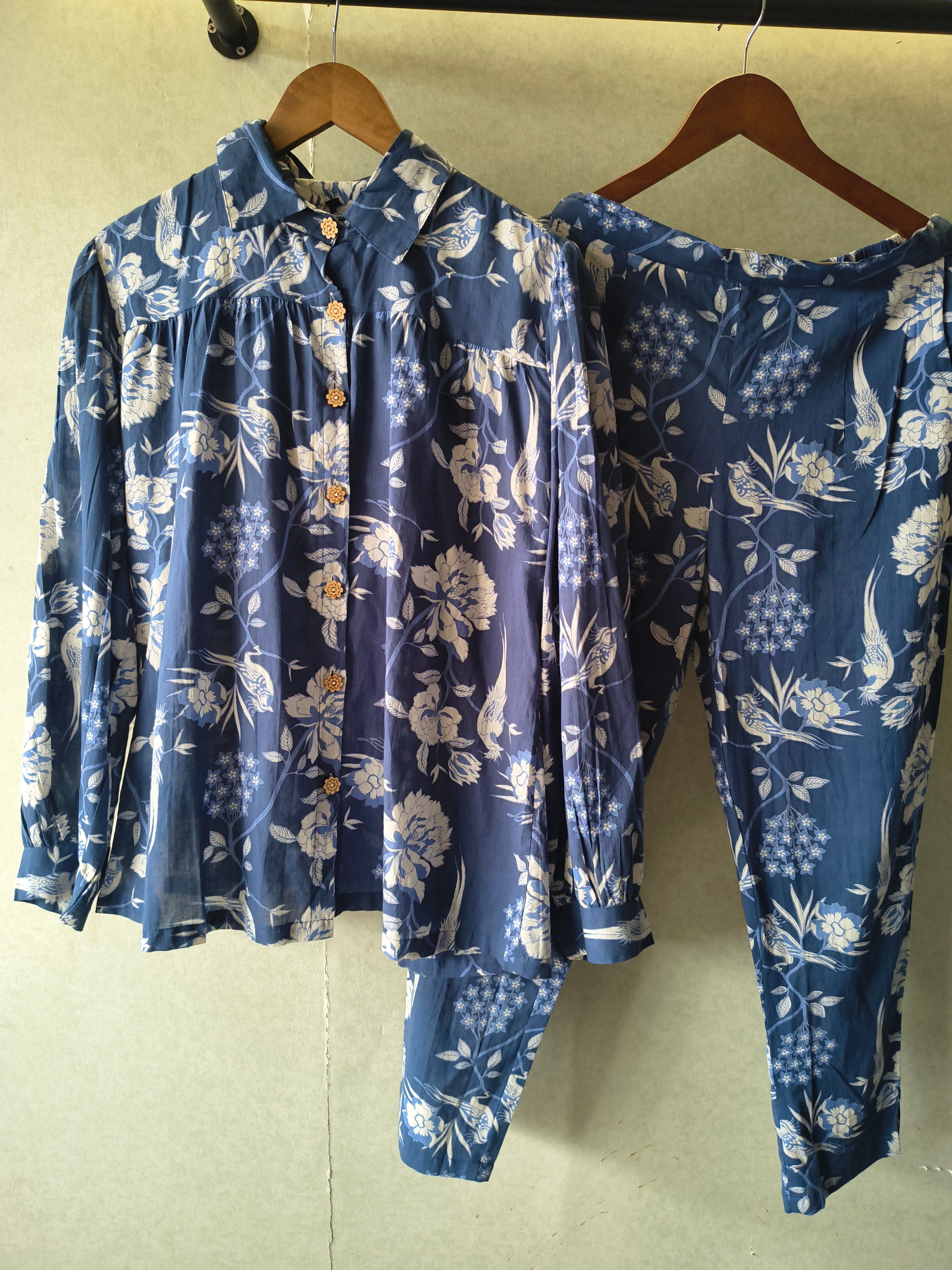 Image of Premium Blue Floral Bird Print Shirt Co-Ord Set