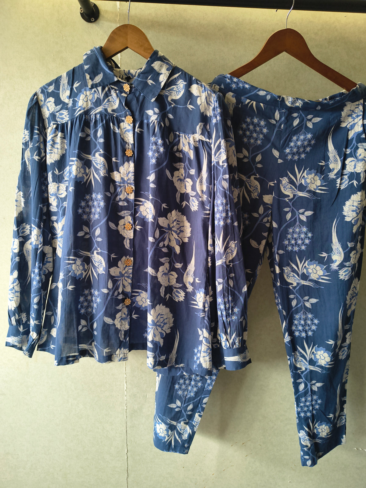 Premium Blue Floral Bird Print Shirt Co-Ord Set