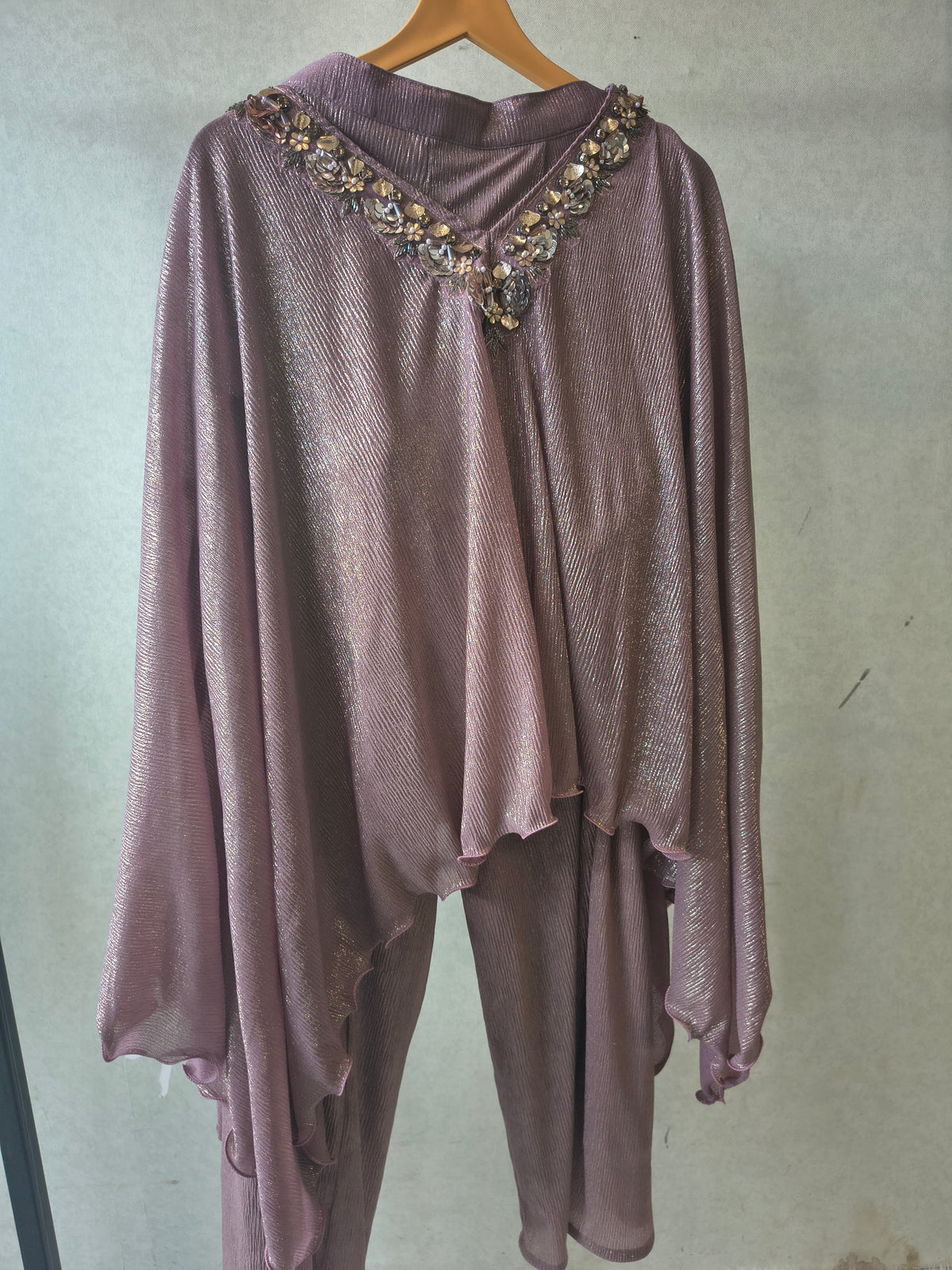 Premium Rose Gold Shimmer Kaftan Co-Ord Set with Hand Embellished Cape & Straight Pants