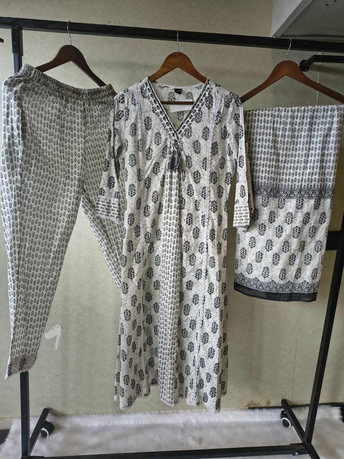 Premium Black & White Hand Block Printed Cotton Anarkali Kurta Set with Printed Pants & Dupatta
