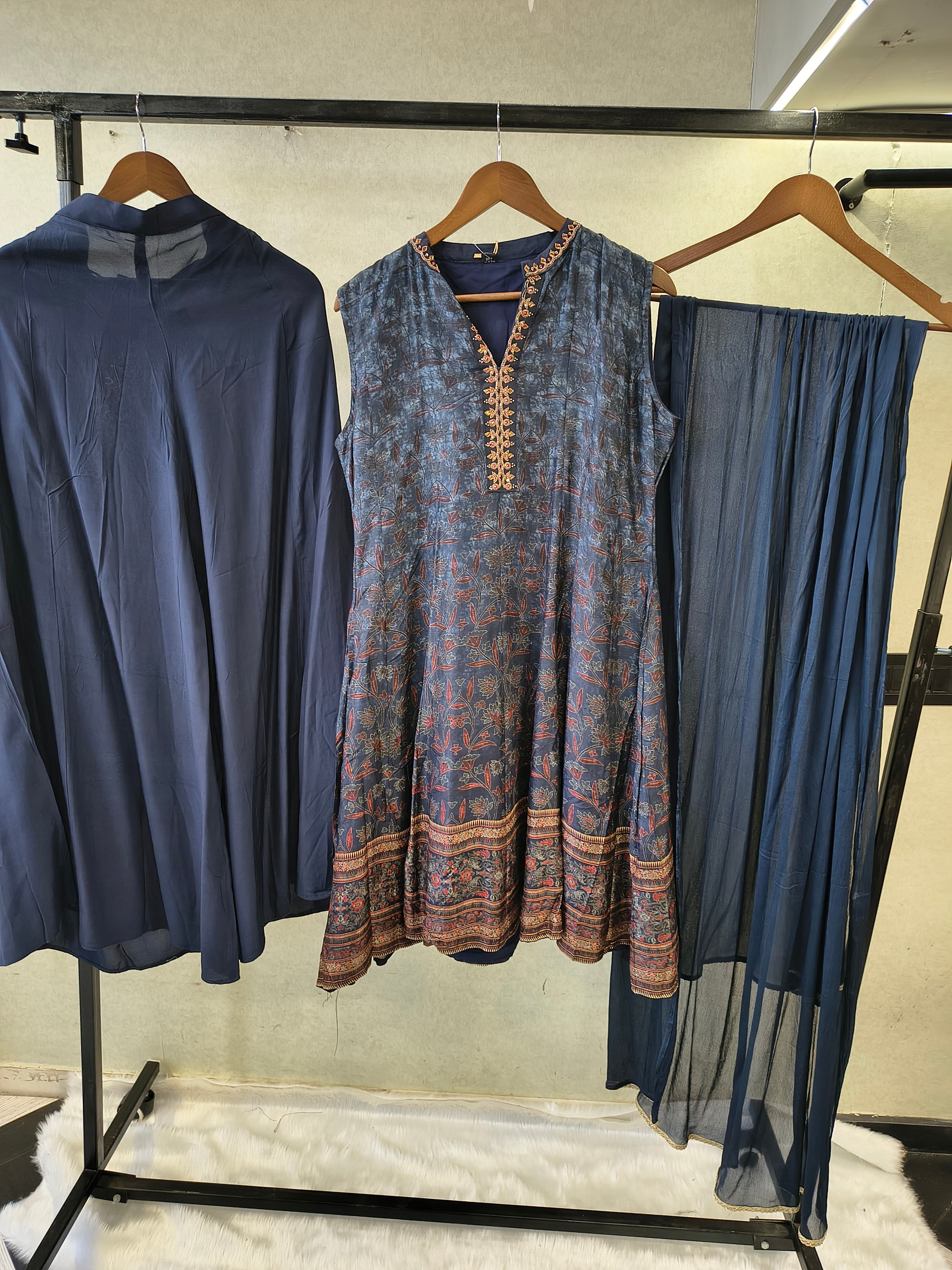 Image of Midnight Navy Printed Anarkali Kurta Set with Embroidered Neckline, Palazzo & Chiffon Dupatta | Premium 3 Piece Festive Ensemble
