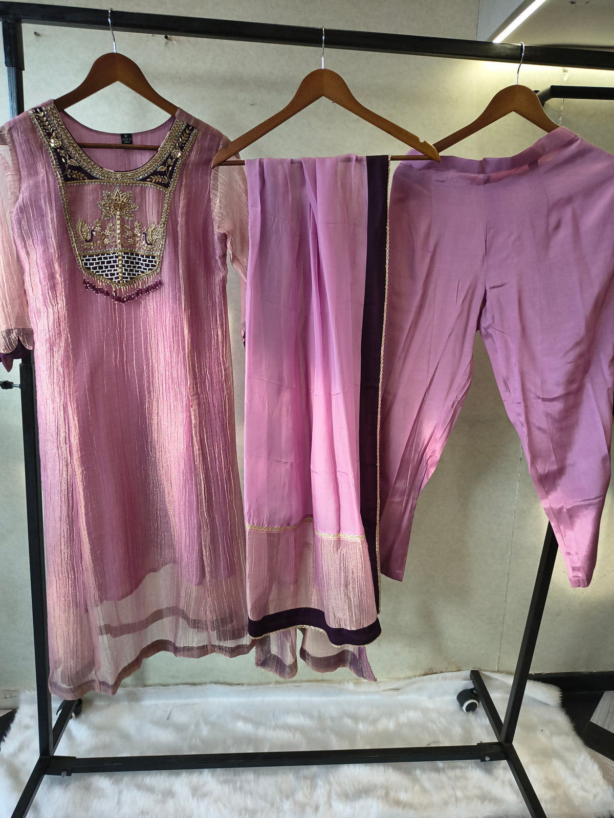 Lavender Embroidered Anarkali Kurta Set with Handcrafted Statement Yoke & Organza Dupatta | Premium 3 Piece Ethnic Ensemble
