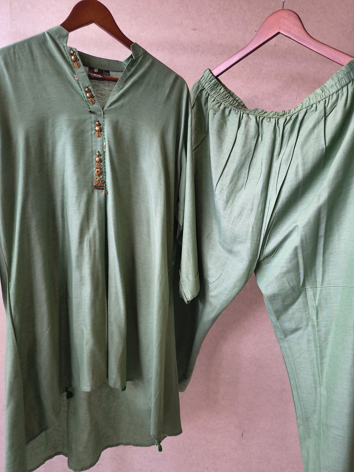 Premium Sage Green Designer Co-Ord Kurta Set with Antique Button Detailing