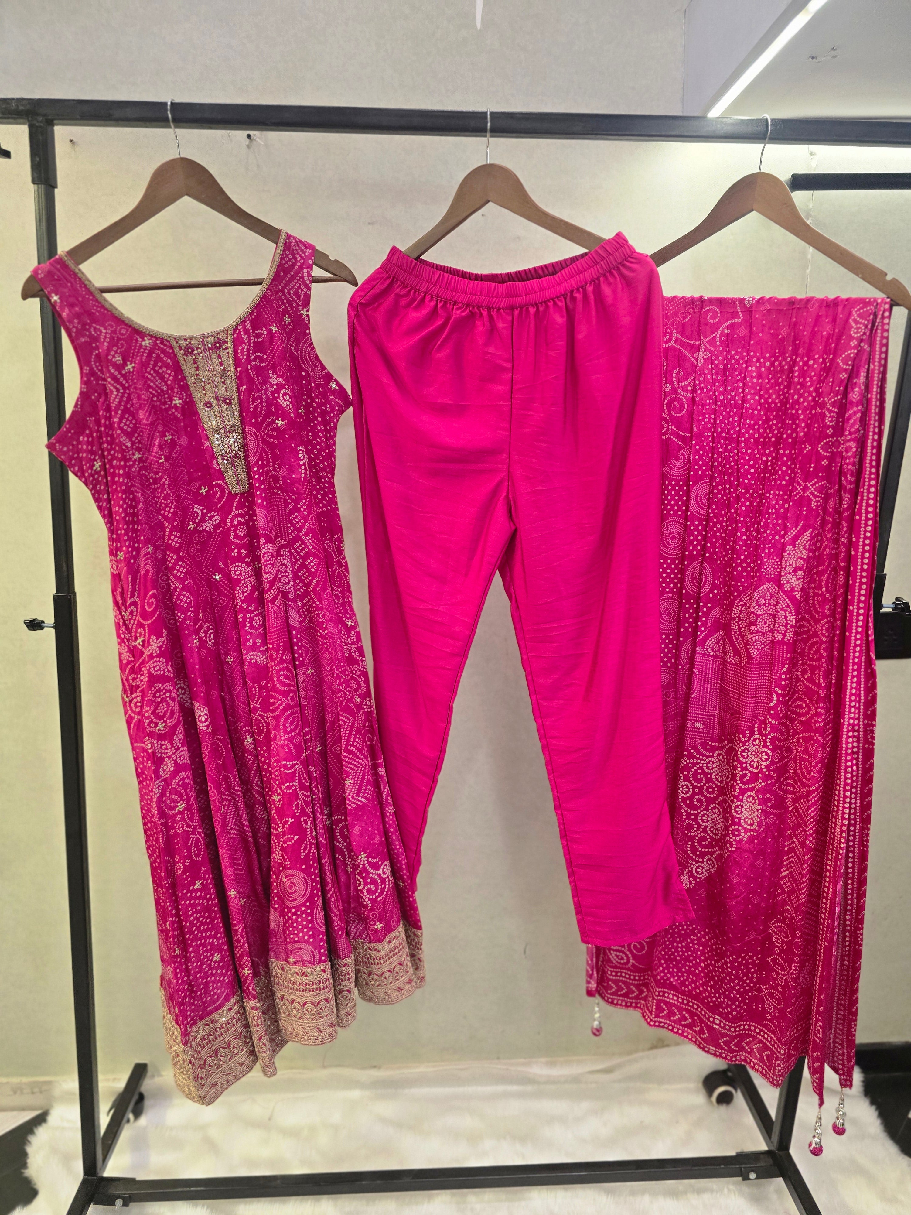 Image of Rani Pink Bandhani Print Sleeveless Anarkali Kurta Set with Printed Dupatta | Premium 3 Piece Ethnic Suit