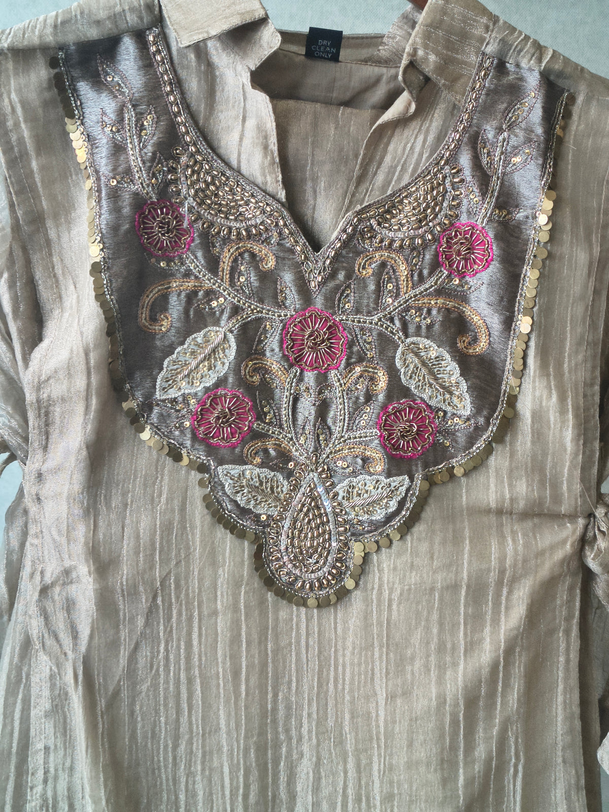 Premium Champagne Tissue Silk Embroidered Kurta with Hand Embellished Statement Yoke