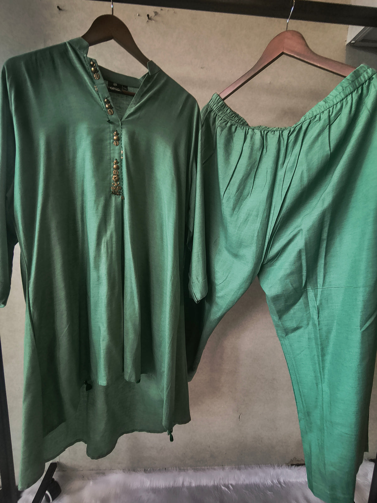 Premium Sage Green Designer Co-Ord Kurta Set with Antique Button Detailing