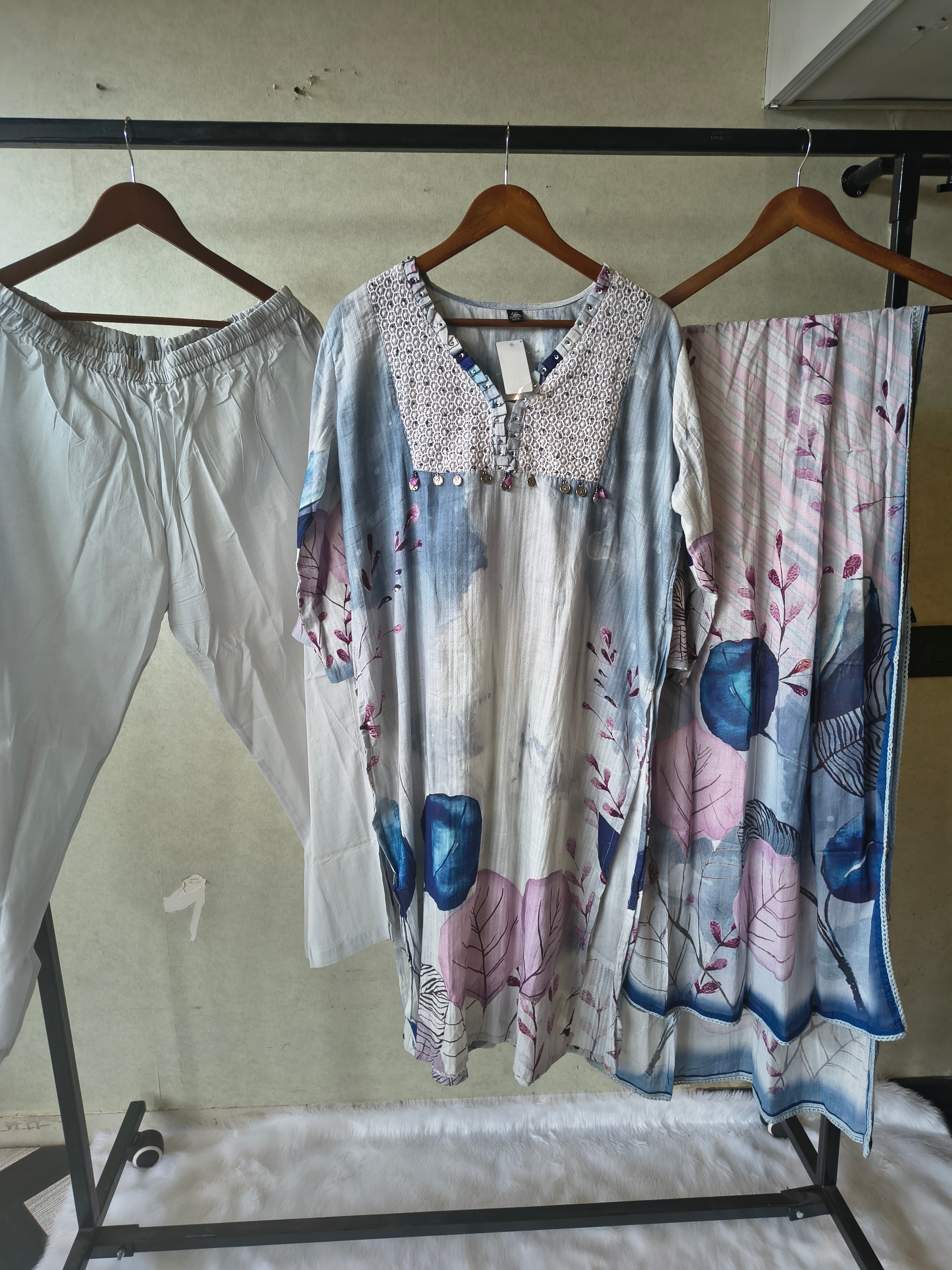 Image of Premium Ice Blue Floral Printed Straight Kurta Set with Crochet Yoke, Straight Pants & Designer Dupatta