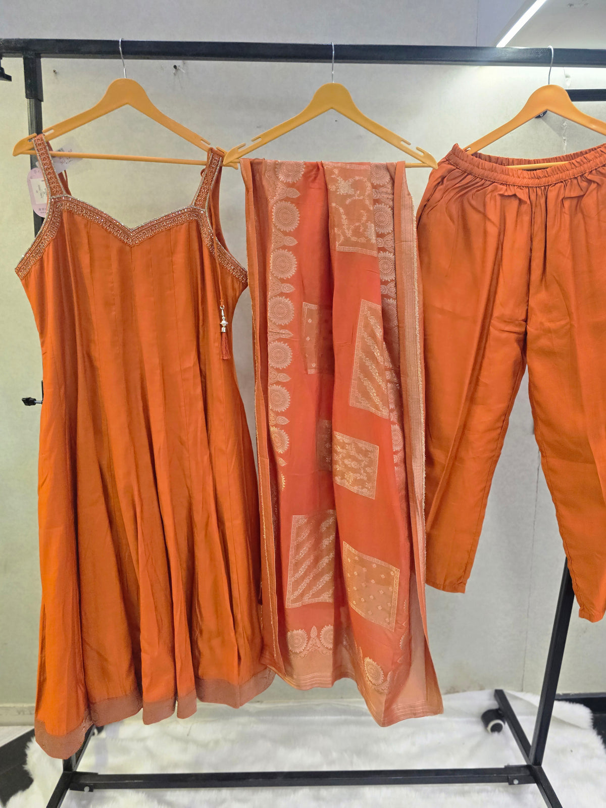 Rust Orange Embellished A-Line Kurta Set with Printed Dupatta | Premium 3 Piece Ethnic Suit