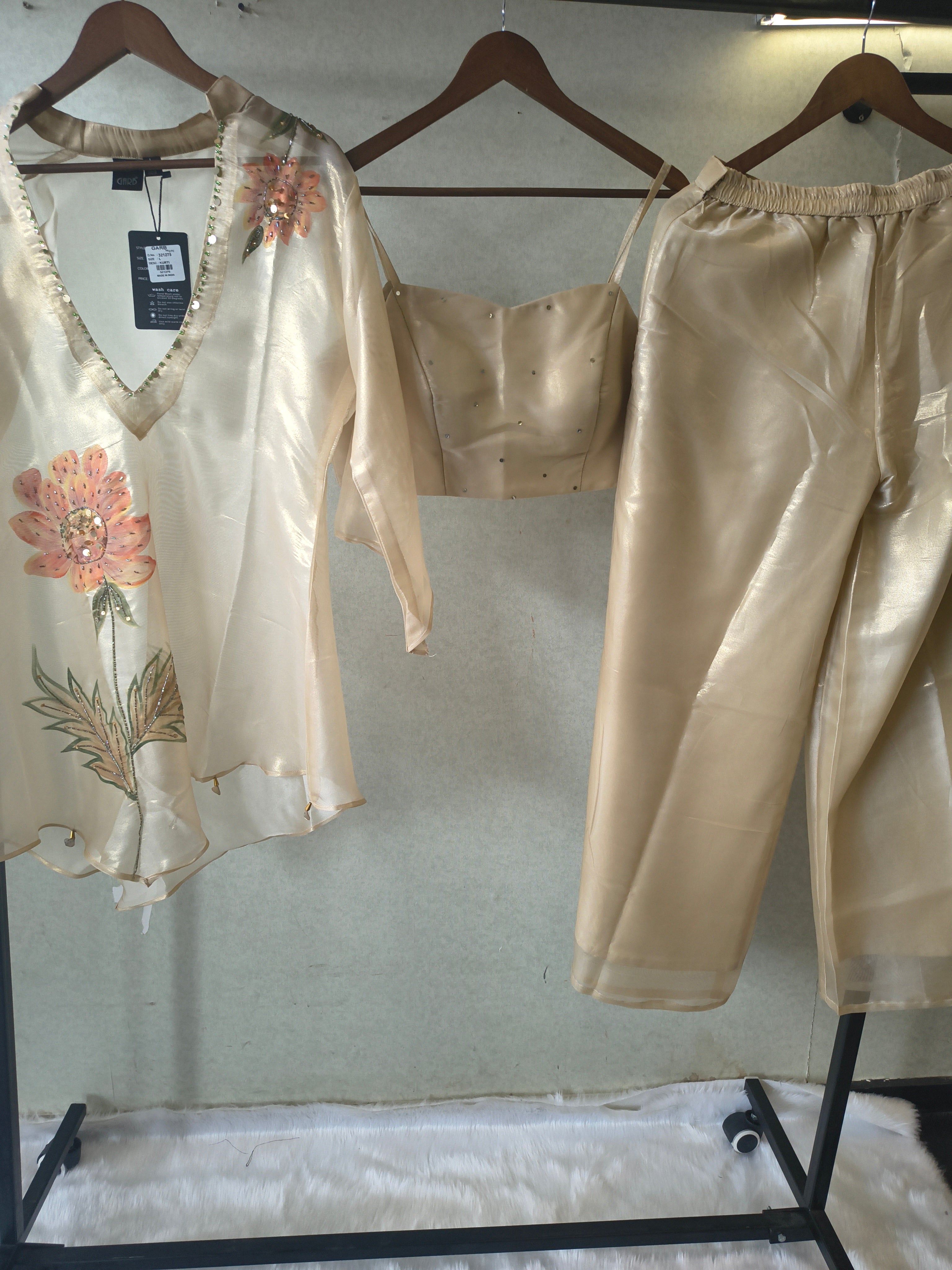 Image of Champagne Gold Floral Hand-Painted Kaftan Co-ord Set with Embellished Blouse & Satin Palazzo