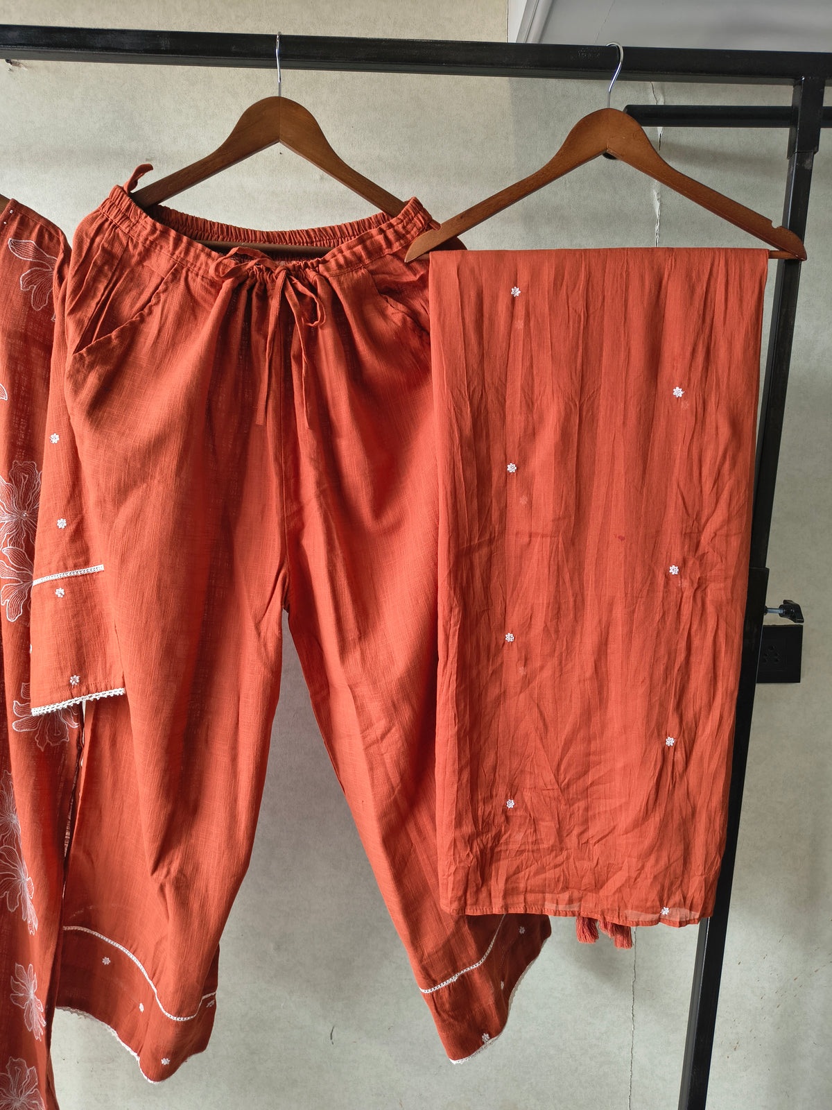 Rust Orange Floral Printed Cotton Kurta Set with Solid Pants & Embroidered Dupatta