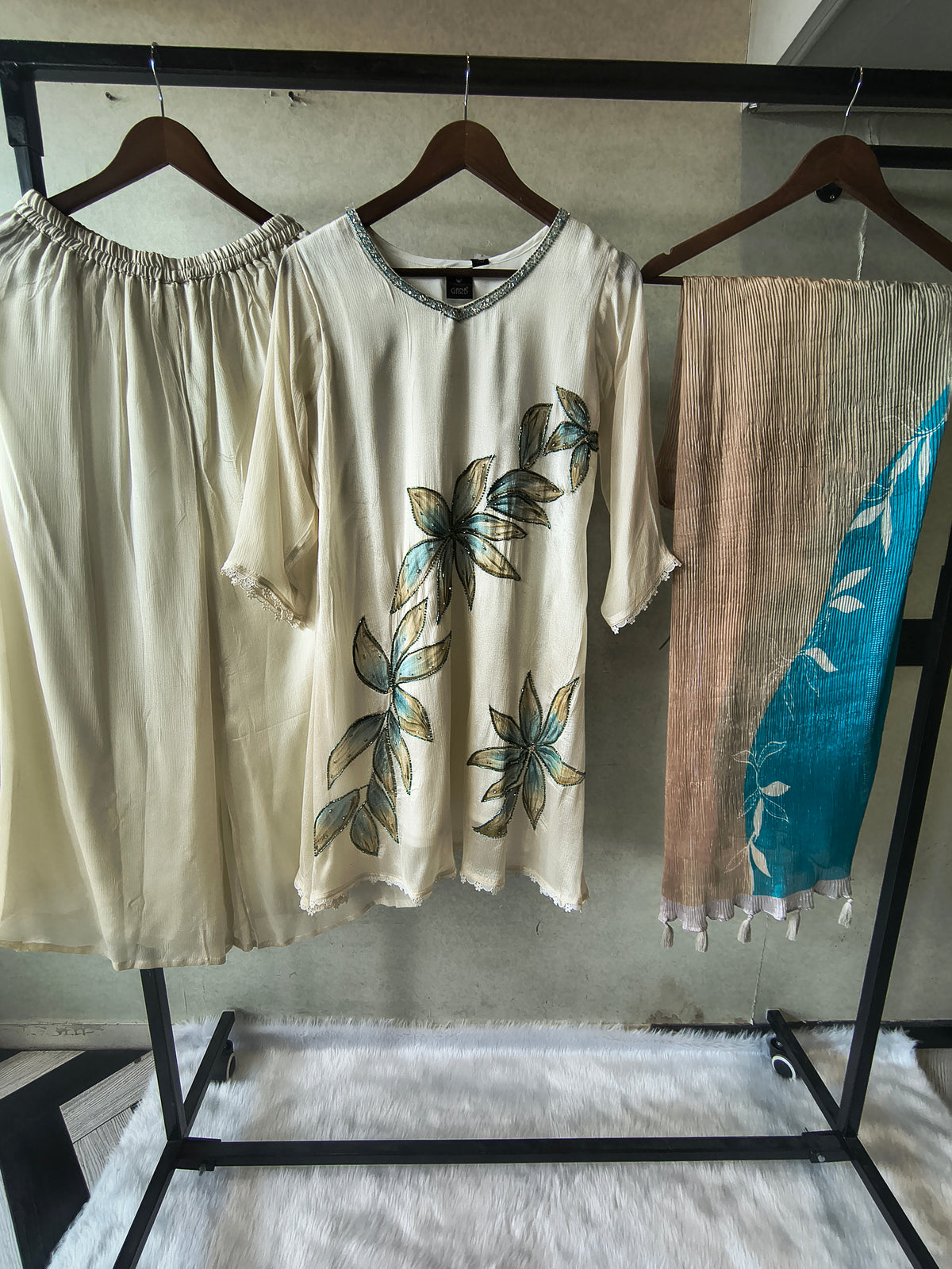 Ivory Floral Hand-Painted Three-Piece Kurta Set with Palazzo & Ombre Dupatta