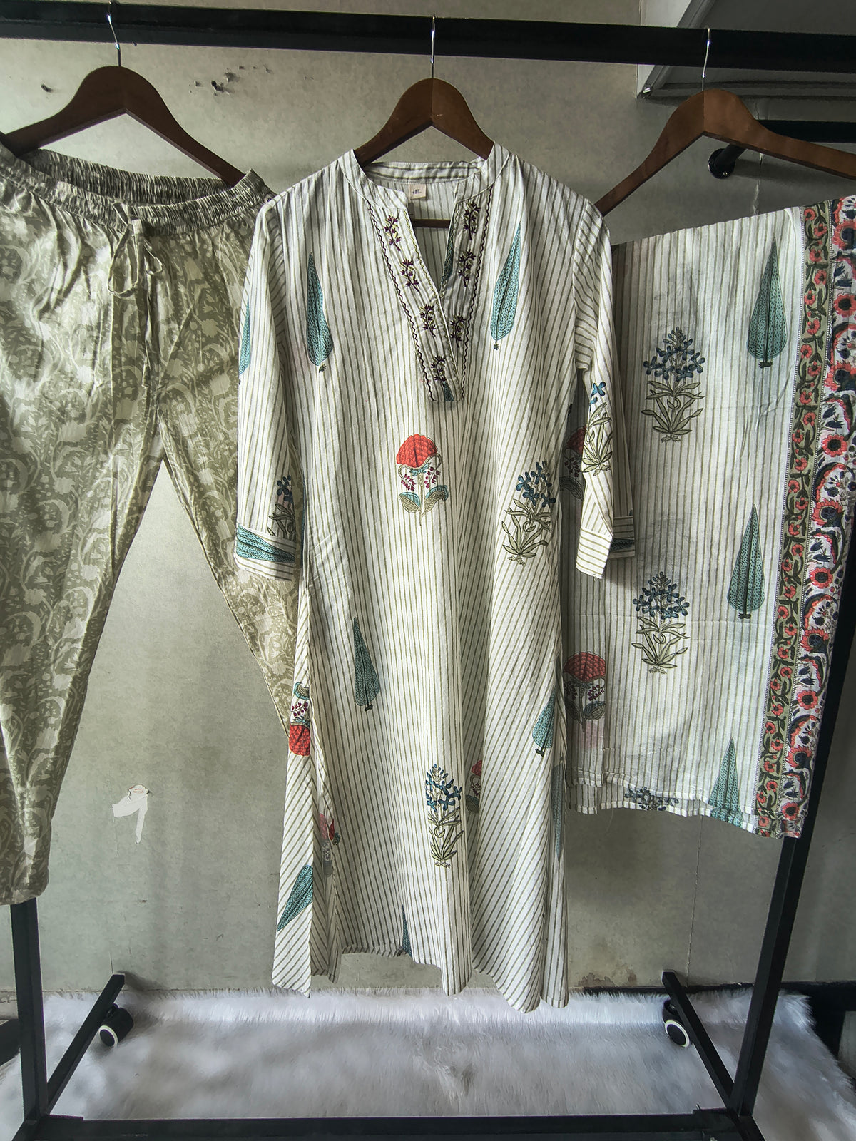 Premium Ivory Handblock Printed Cotton Straight Kurta Set with Printed Pants & Dupatta
