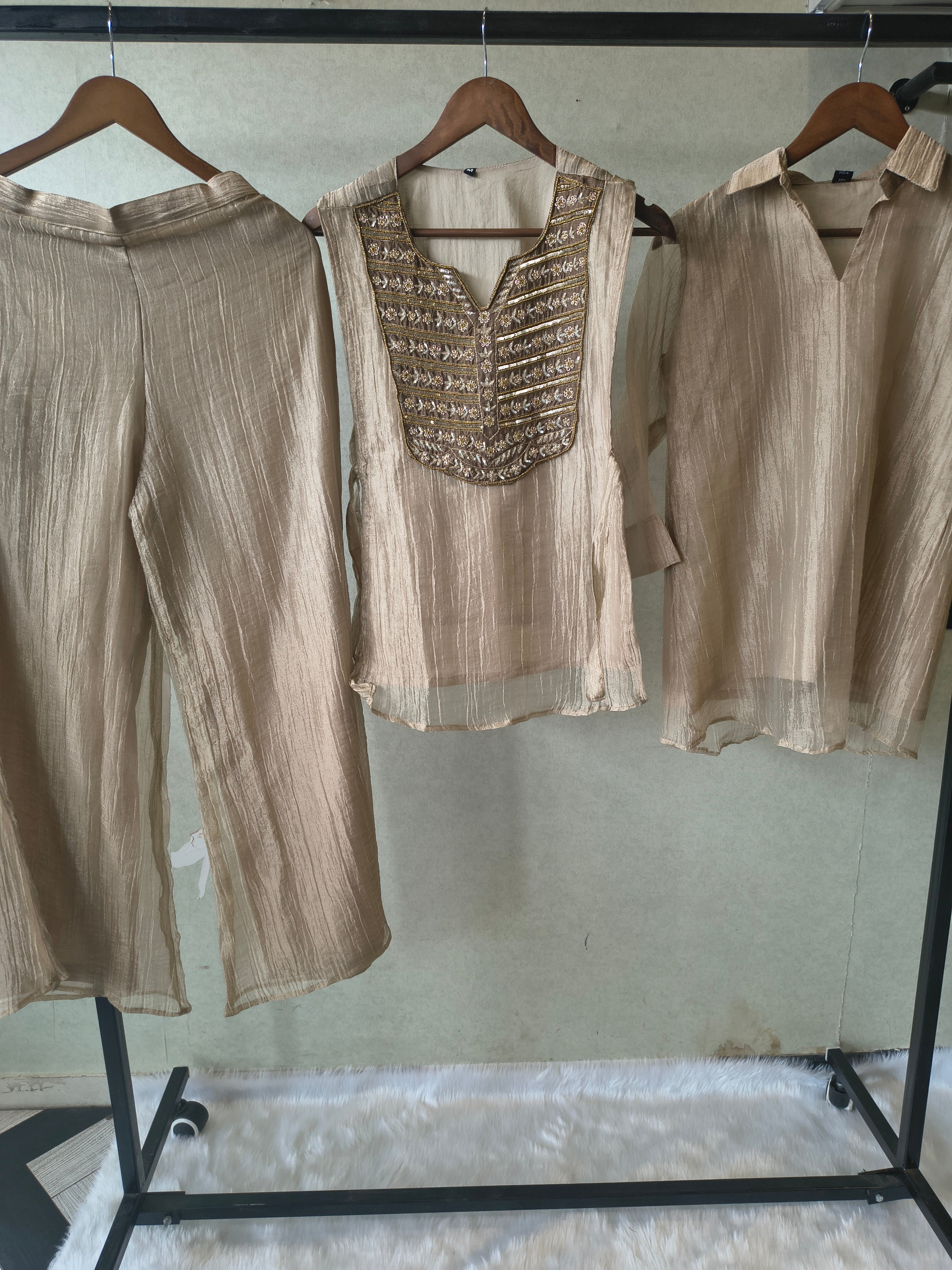 Image of Premium Champagne Gold Tissue Silk 3-Piece Co-Ord Set with Antique Zari Embroidered Jacket, Inner & Palazzo