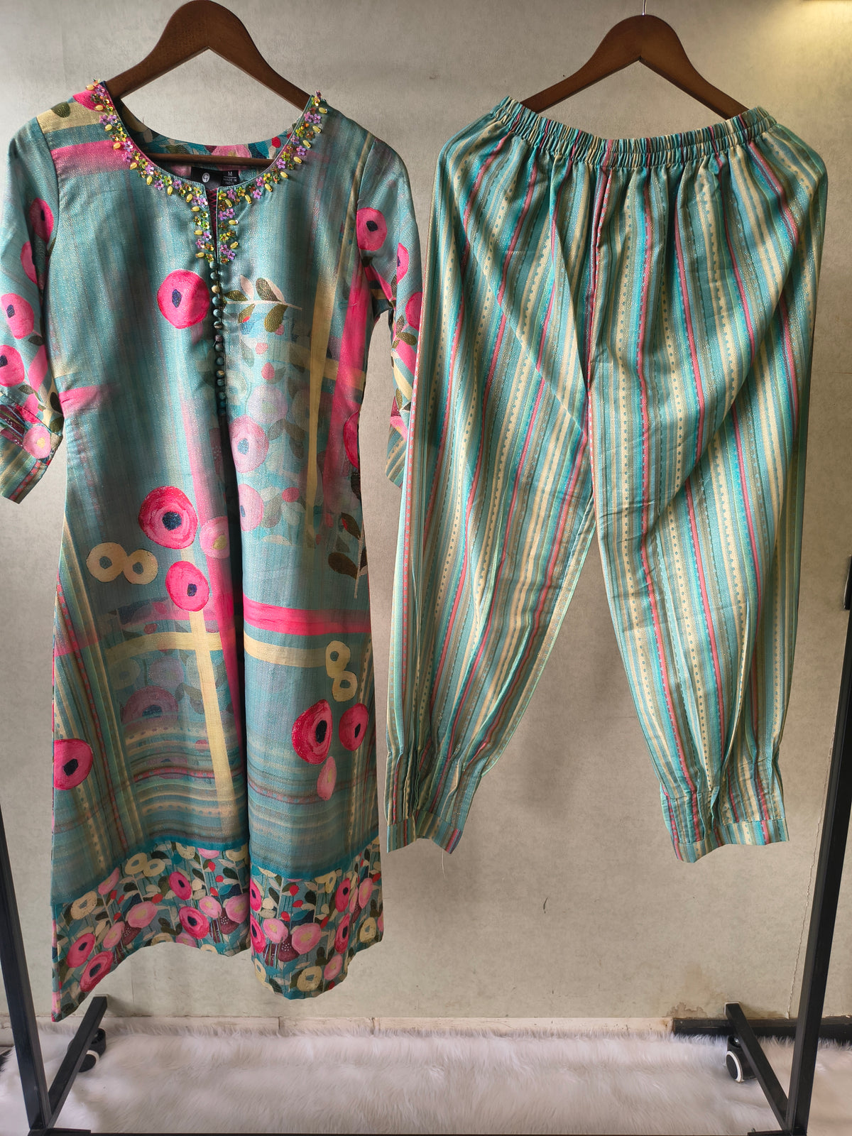 Premium Aqua Blue Artistic Printed Kurta with Striped Pants Co-Ord Set