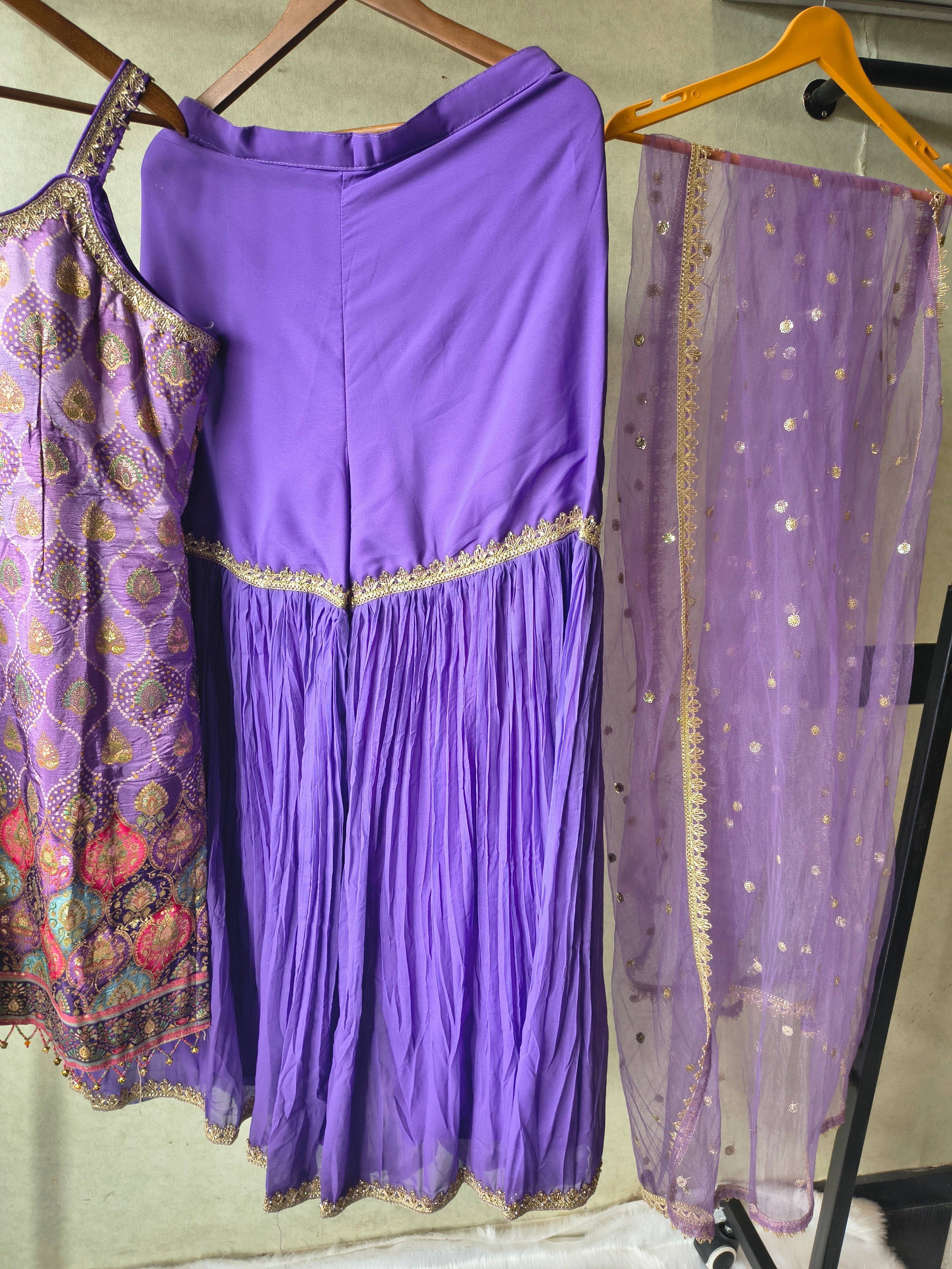 Image of Lavender Brocade Kurti Sharara Set with Sequinned Dupatta – Premium 3 Piece Festive Ensemble