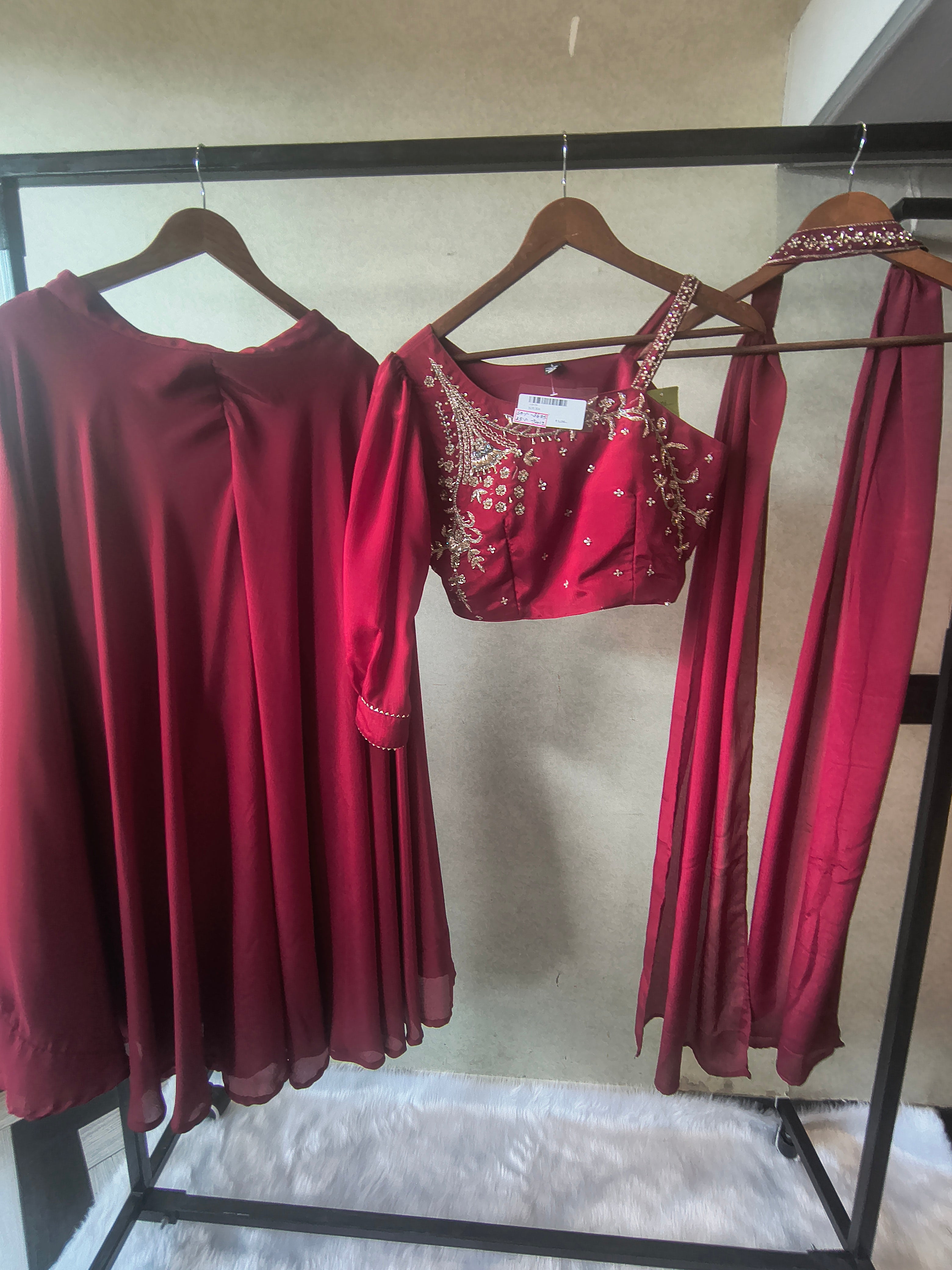 Image of Premium Wine Satin Silk 3-Piece Lehenga Set with Hand Embroidered One-Shoulder Blouse & Dupatta