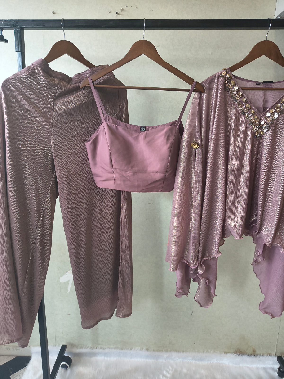 Premium Rose Gold Shimmer Kaftan Co-Ord Set with Hand Embellished Cape & Straight Pants