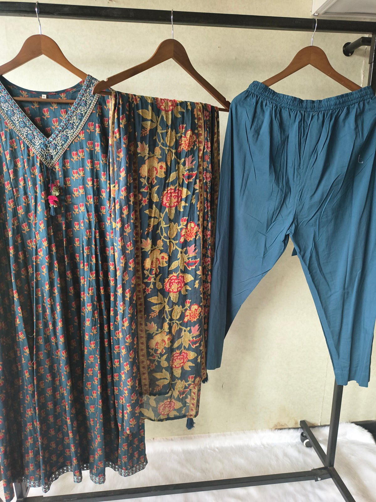Premium Teal Blue Floral Printed Anarkali Kurta Set with Embroidered V-Neck, Solid Pants & Designer Printed Dupatta