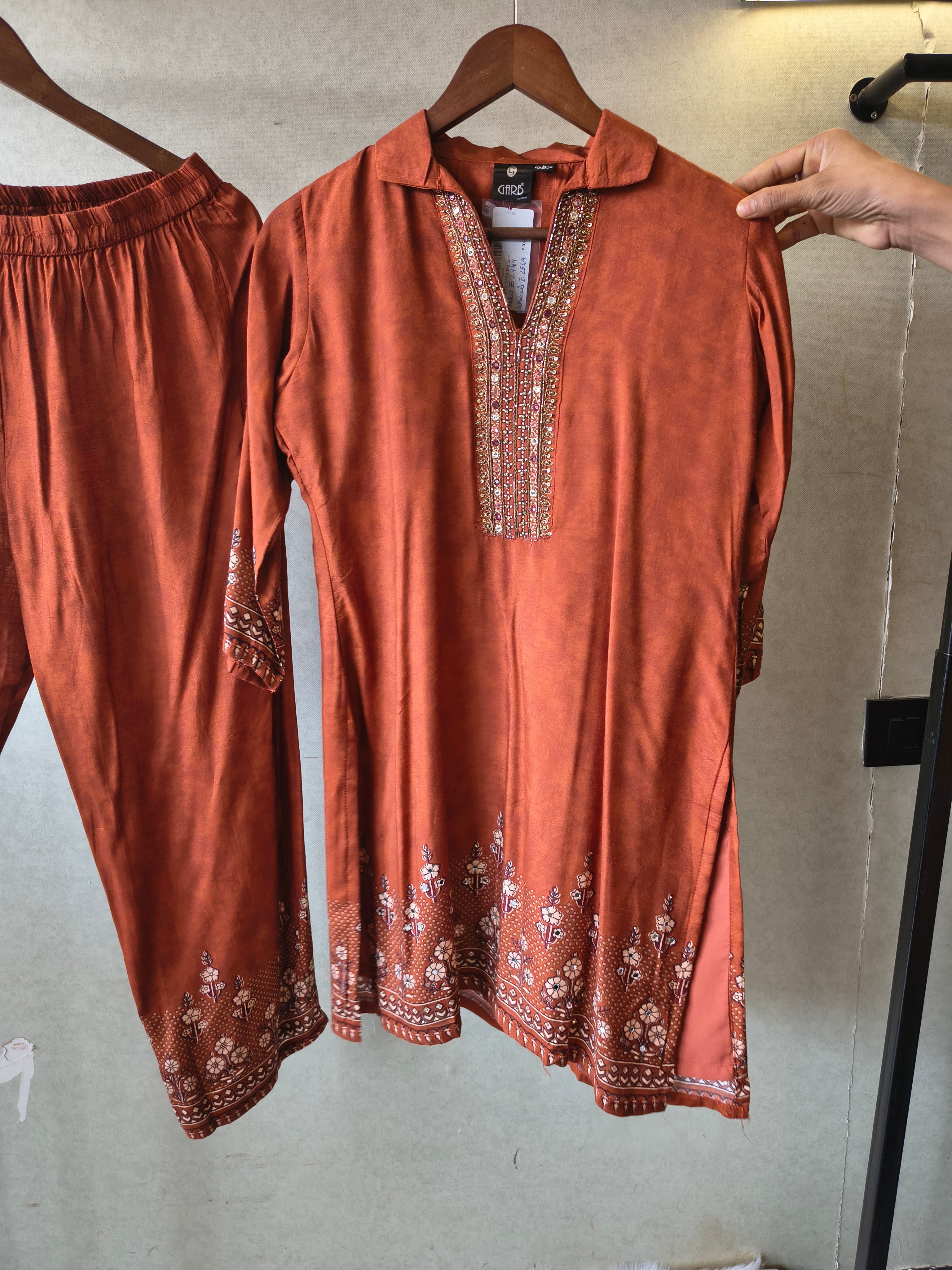 Image of Rust Brown Designer Ethnic Co-Ord Set with Embellished Neckline & Printed Borders