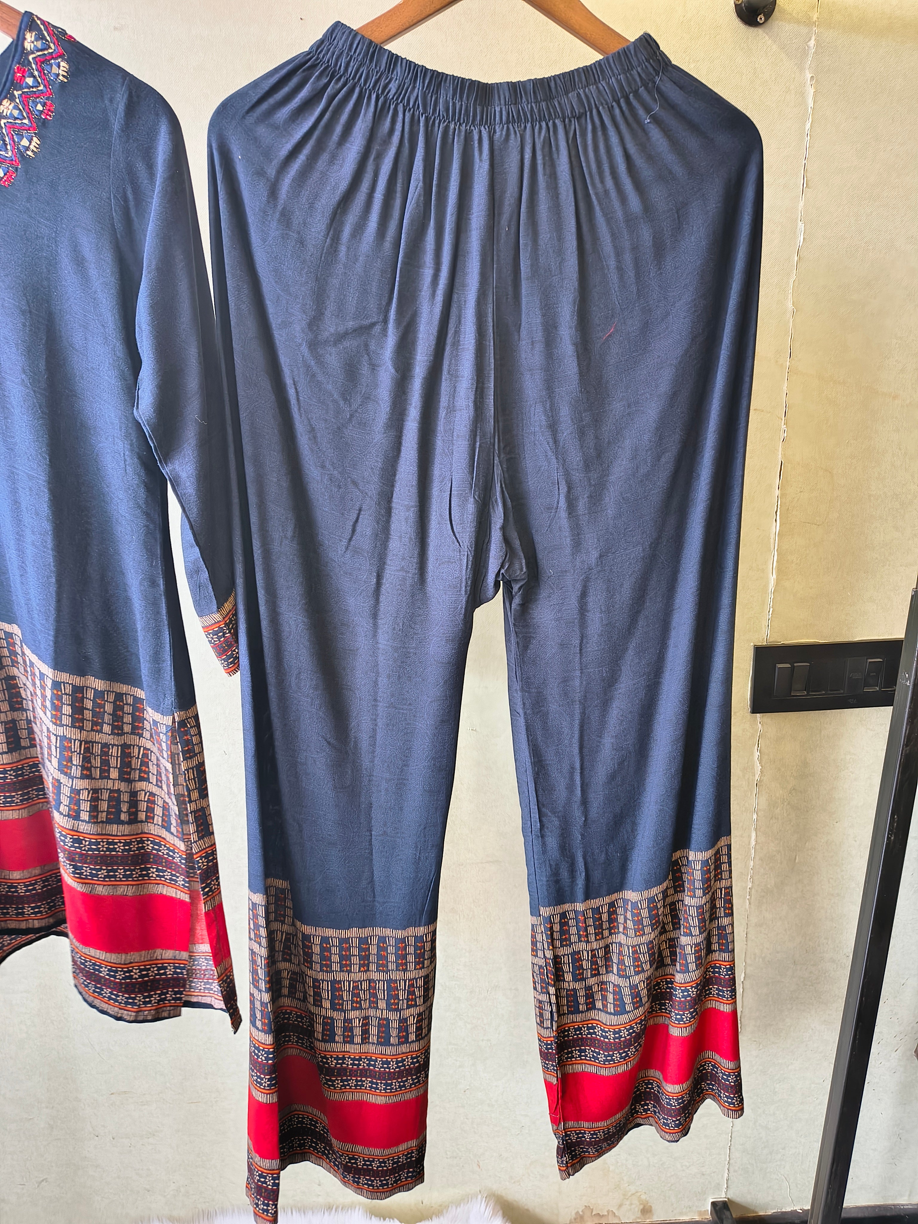 Image of Navy Blue Ethnic Border Designer Co-Ord Set with Embroidered Neckline