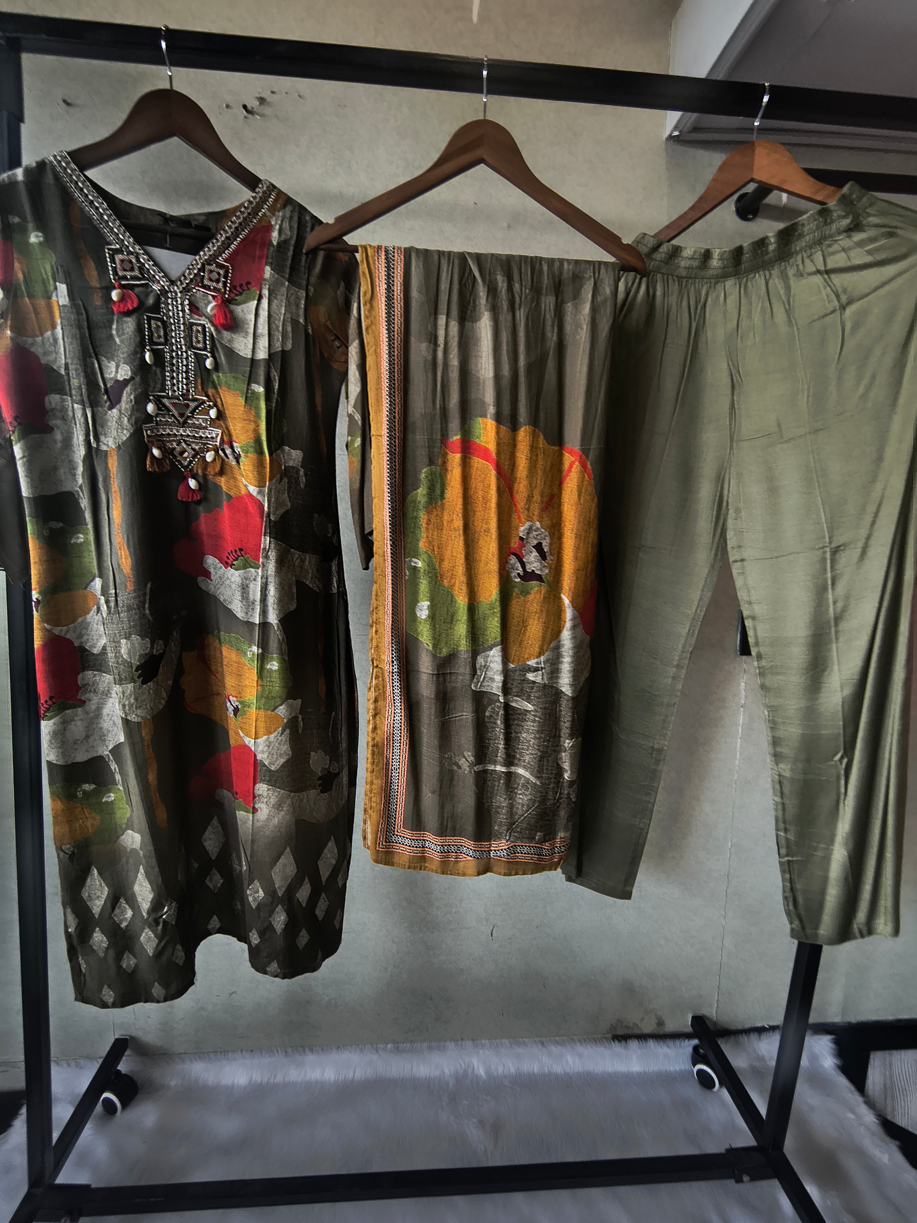Image of Premium Olive Green Floral Printed Kurta Set with Embellished Neckline, Solid Pants & Printed Dupatta