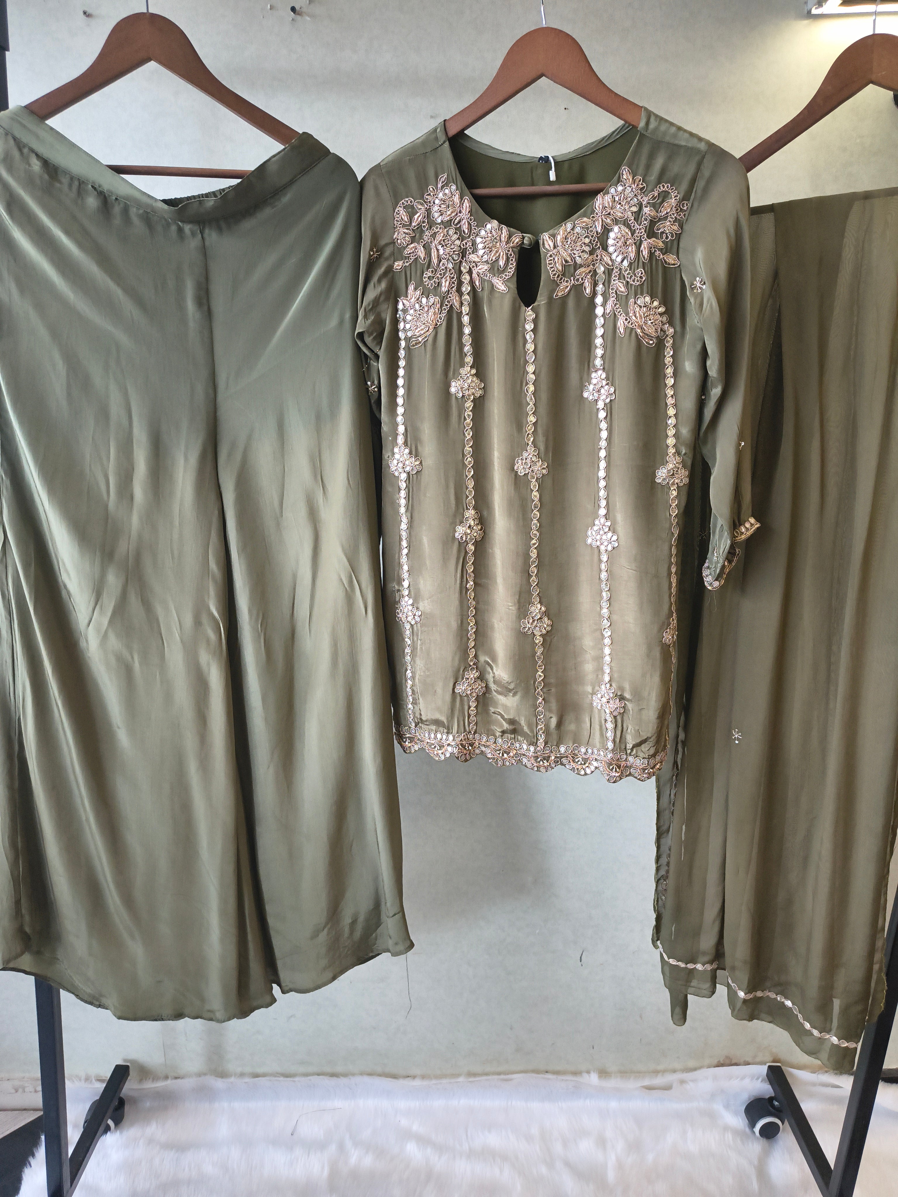 Image of Olive Green Pearl & Mirror Embroidered Kurta Set with Flared Palazzo & Organza Dupatta – Designer 3 Piece Festive Ensemble