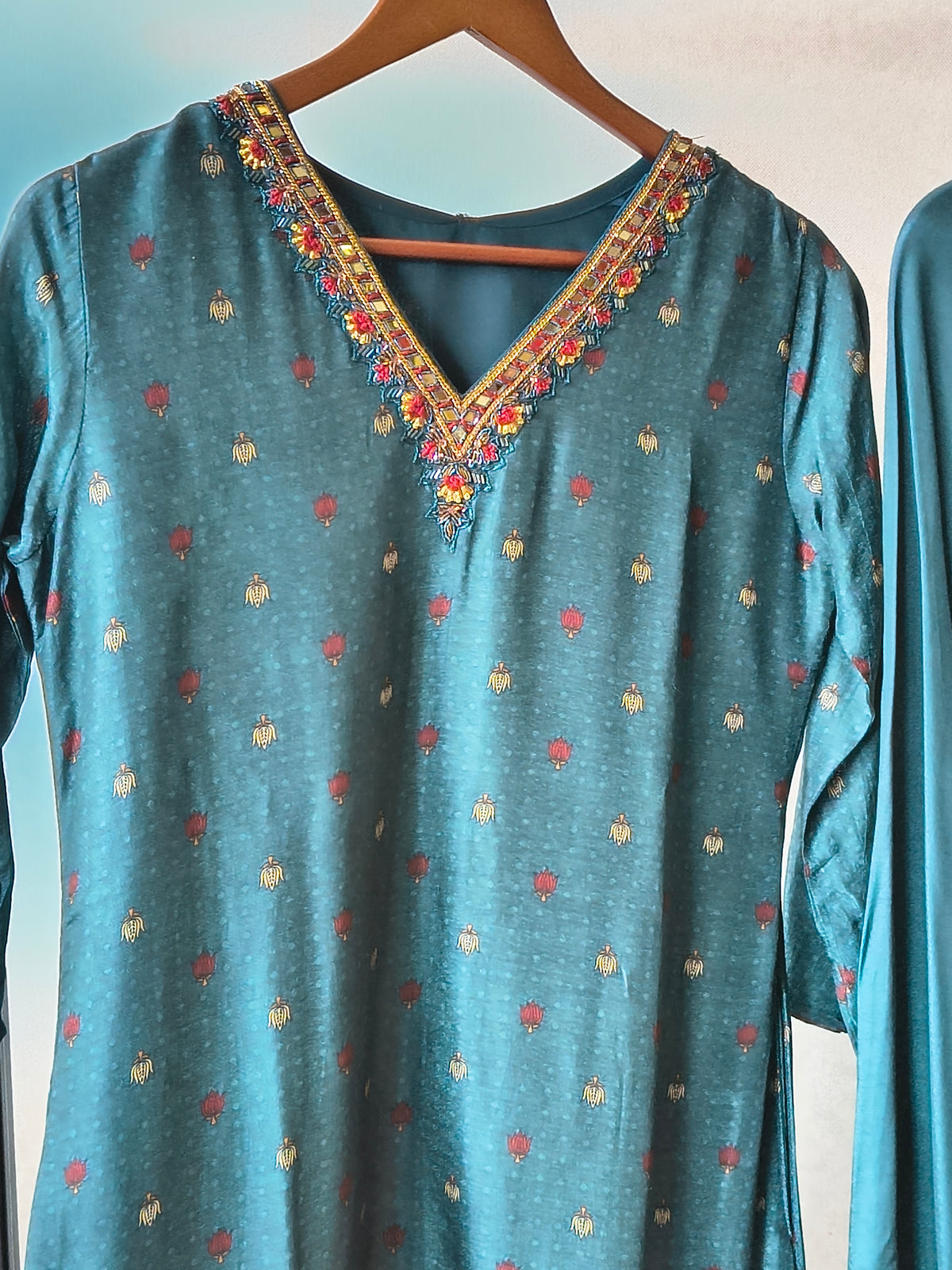 Premium Teal Printed Straight Kurta with Palazzo & Dupatta Set