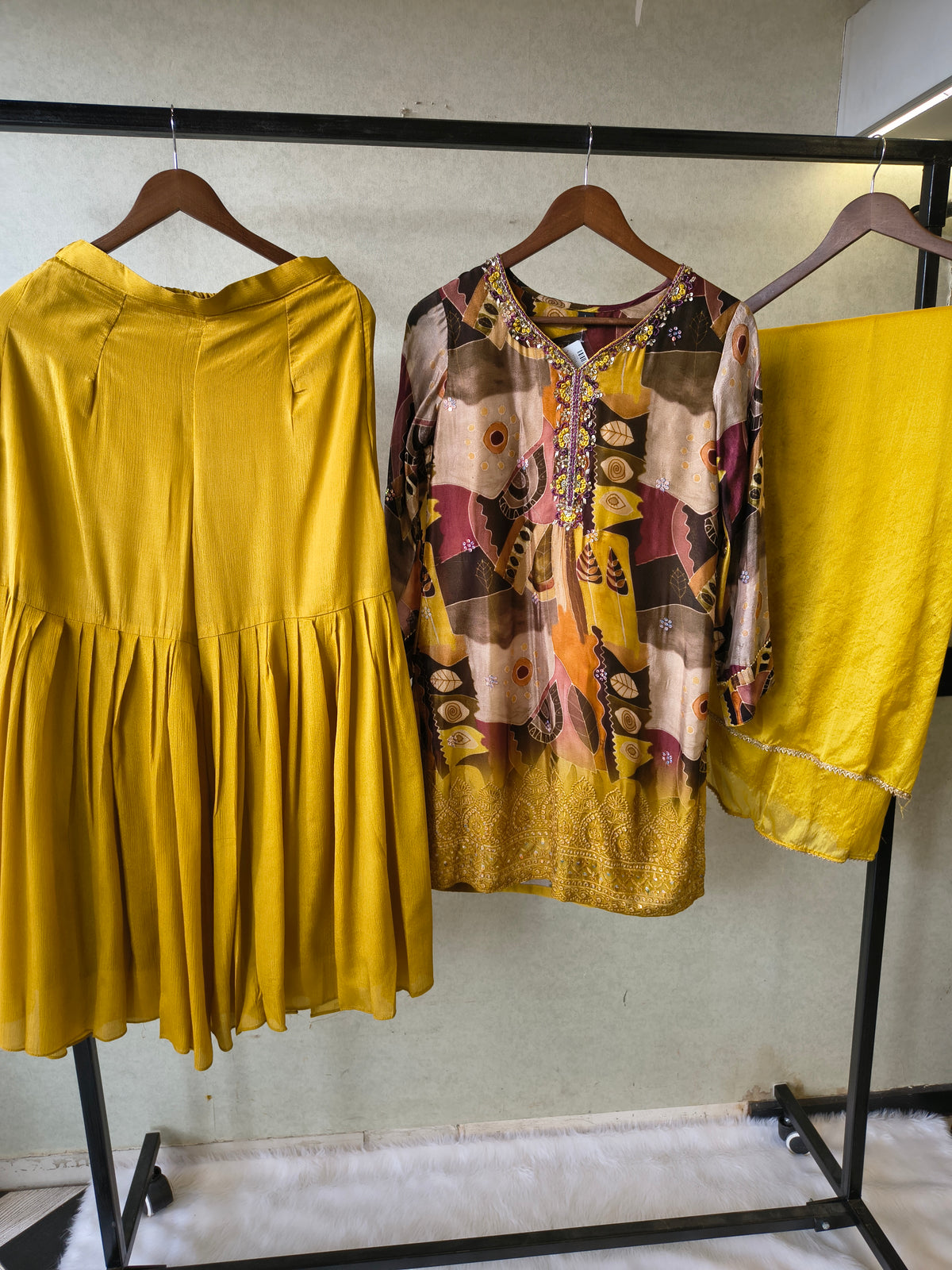 Premium Mustard Abstract Printed Kurta with Sharara & Dupatta Set