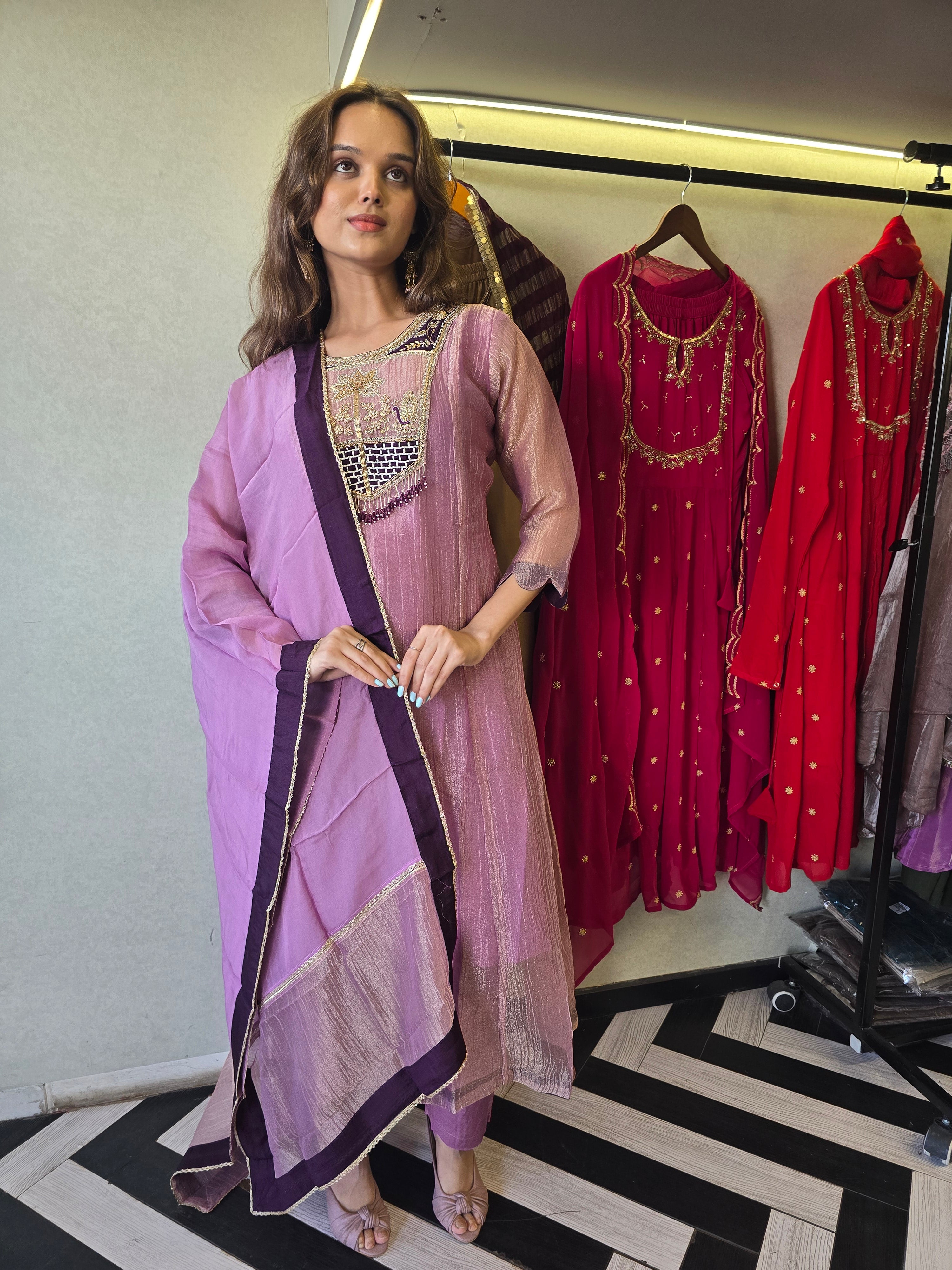Image of Pure Soft Tissue Anarkali Kurti Set