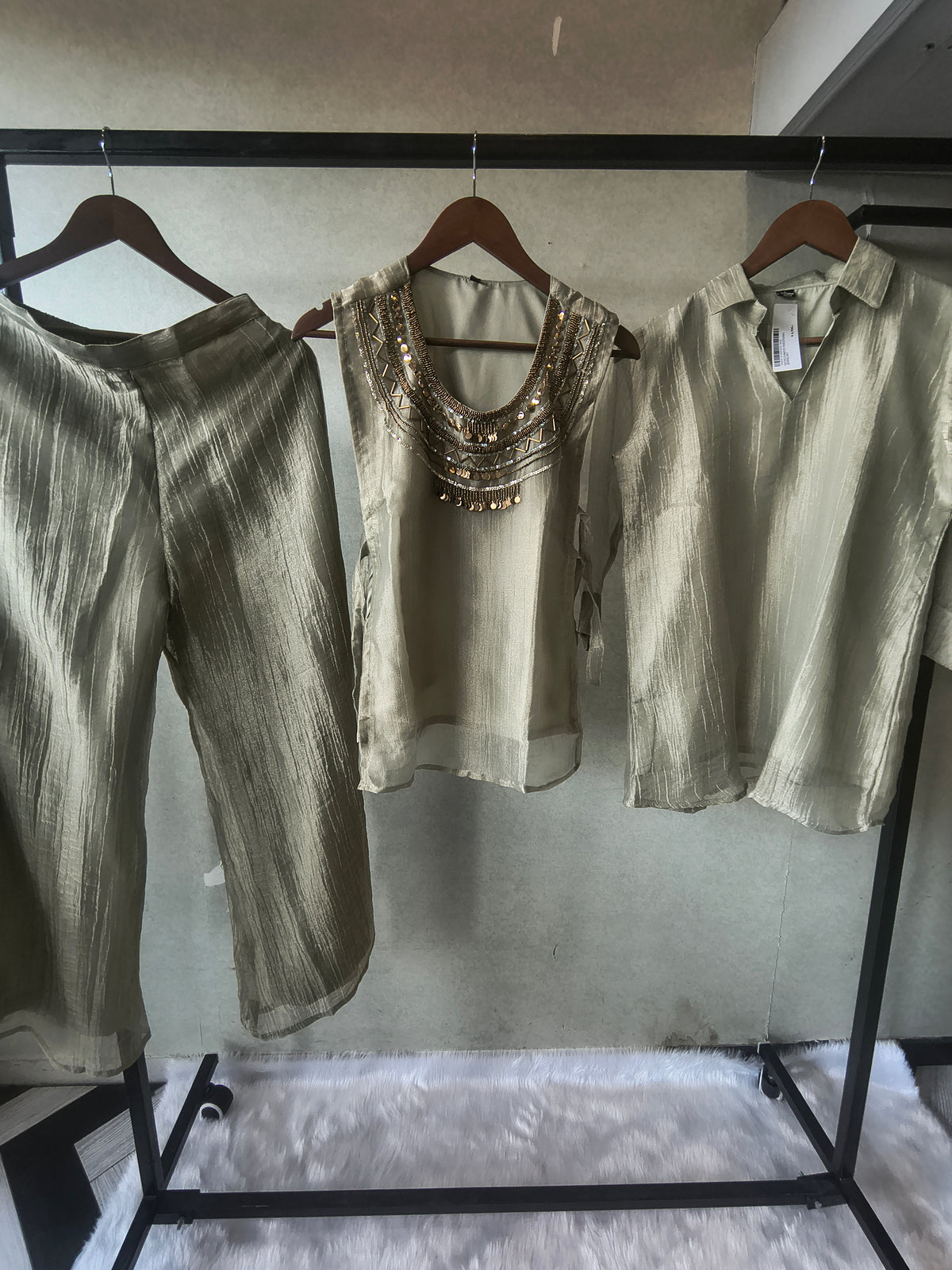 Premium Sage Grey Tissue Silk 3-Piece Co-Ord Set with Antique Hand Embellished Jacket, Inner & Palazzo