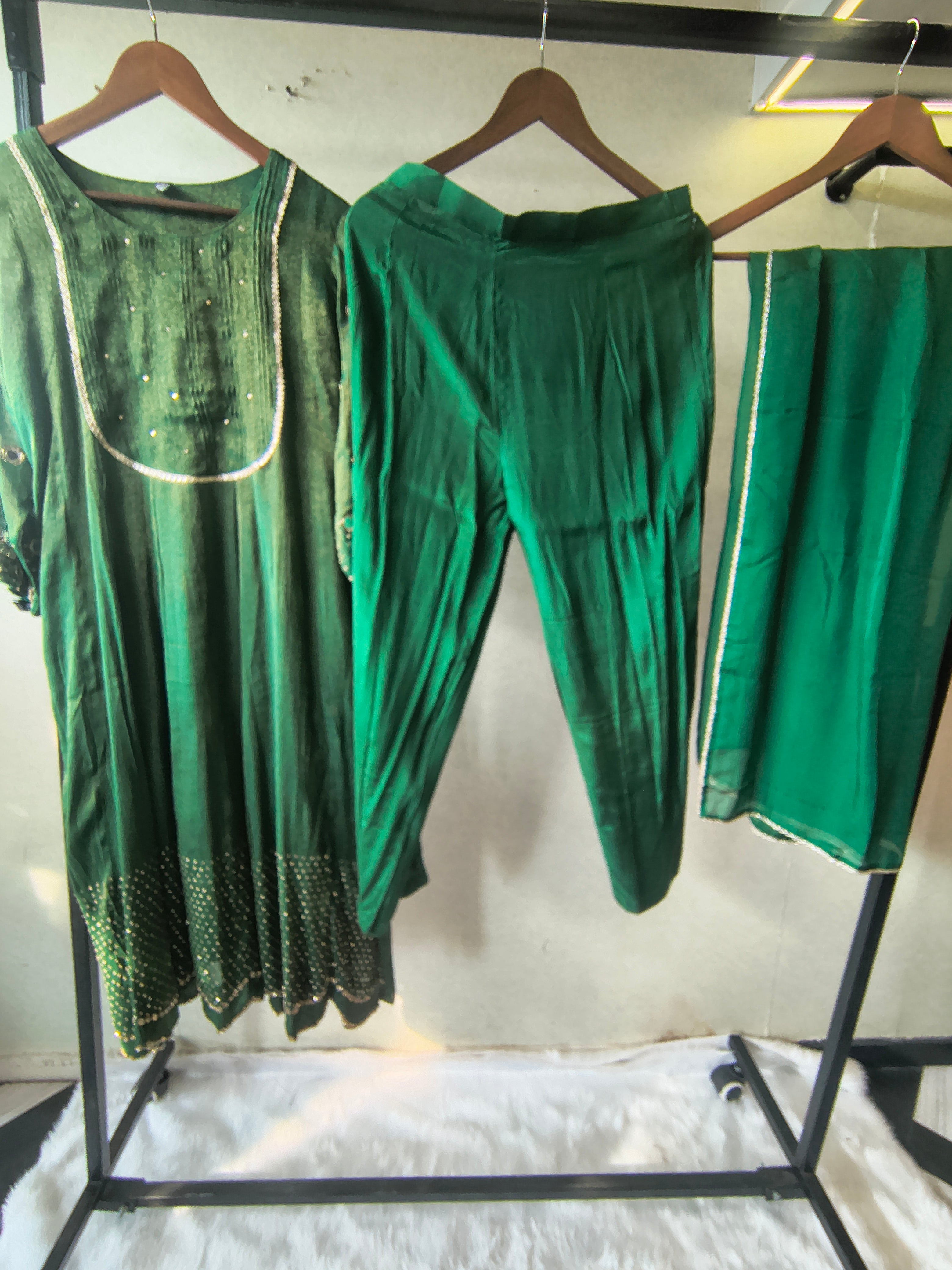 Image of Emerald Green Georgette Anarkali Suit Set with Pintuck Yoke, Sequin Detailing & Lace Border Dupatta – Premium 3 Piece Ethnic Ensemble