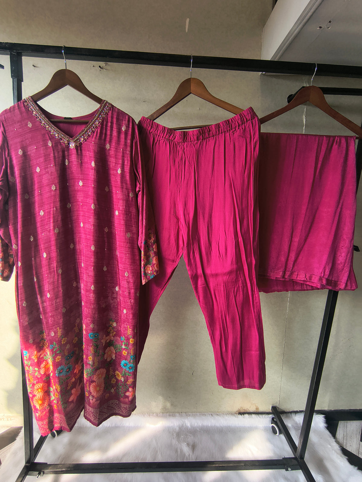 Premium Magenta Floral Printed Kurta Set with Solid Pants & Dupatta