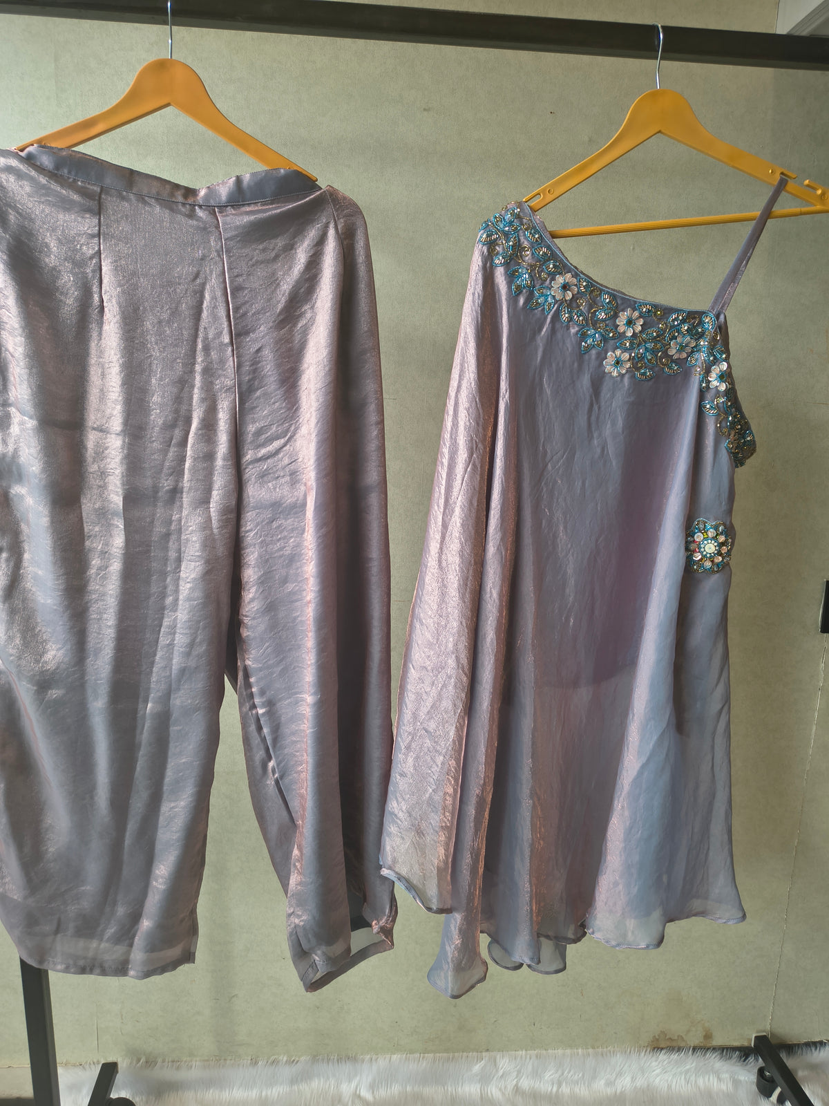 Designer Lilac One-Shoulder Cape Top with Draped Tulip Pants – Luxury Indo-Western Co-Ord Set