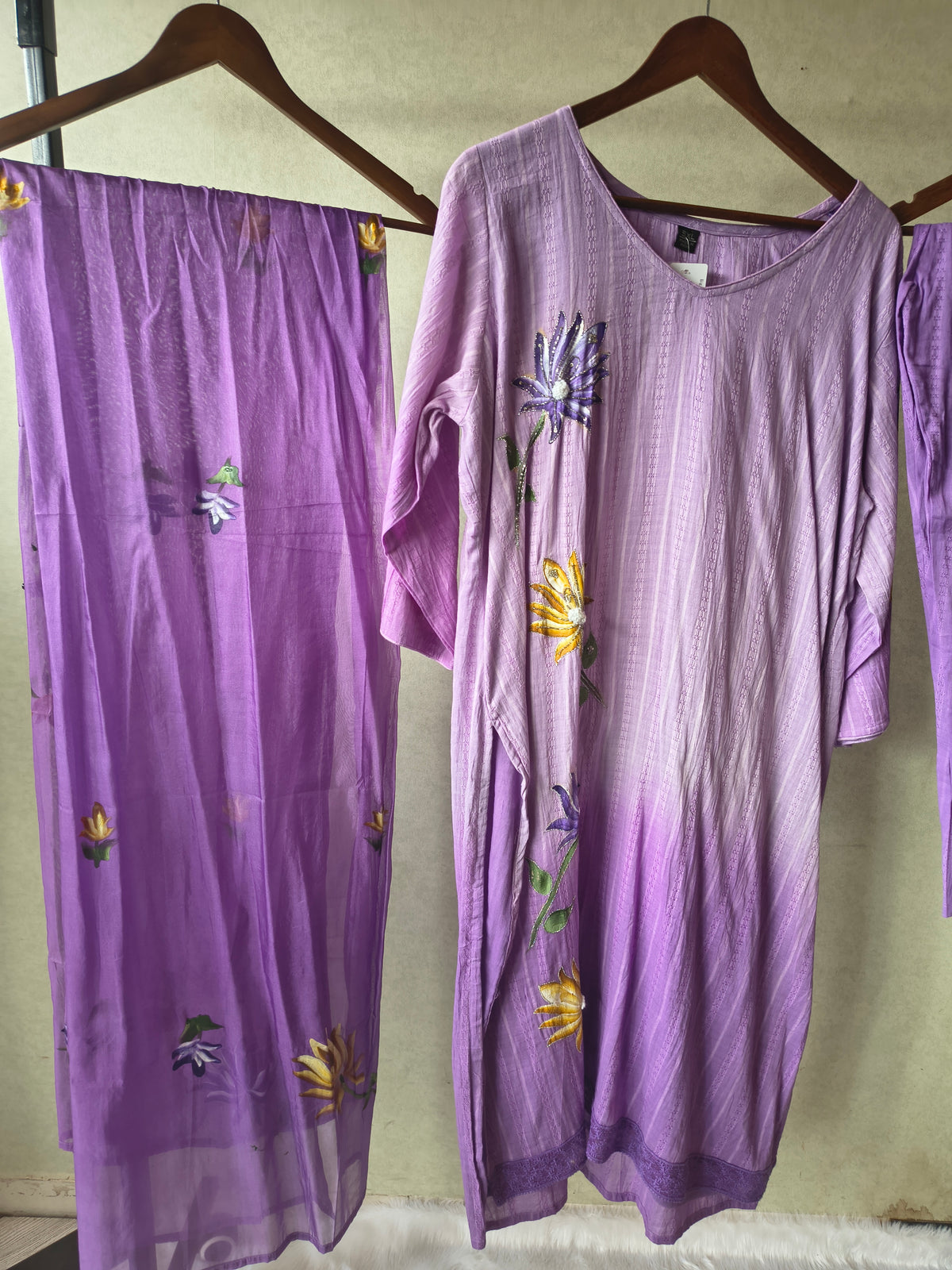 Premium Lavender Embroidered Straight Kurta Set with Floral Dupatta & Straight Pants
