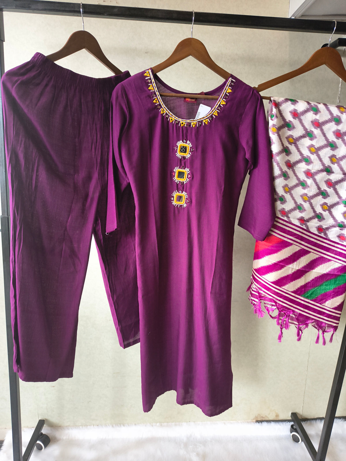 Premium Royal Purple Straight Kurta Set with Mirror Work Neckline, Solid Pants & Ikat Printed Dupatta