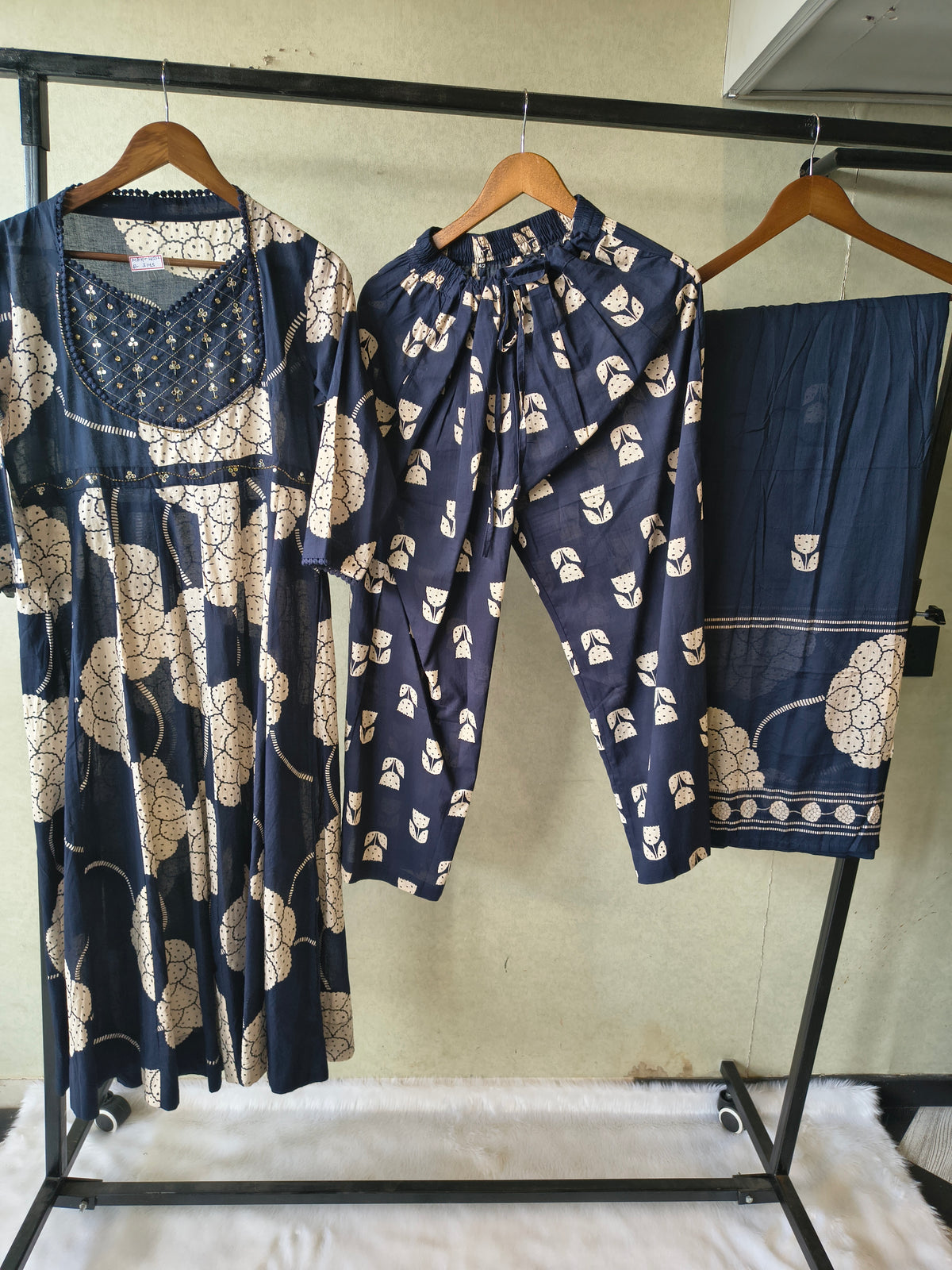 Premium Navy Blue Handblock Printed Cotton Anarkali Suit Set with Printed Pants & Dupatta