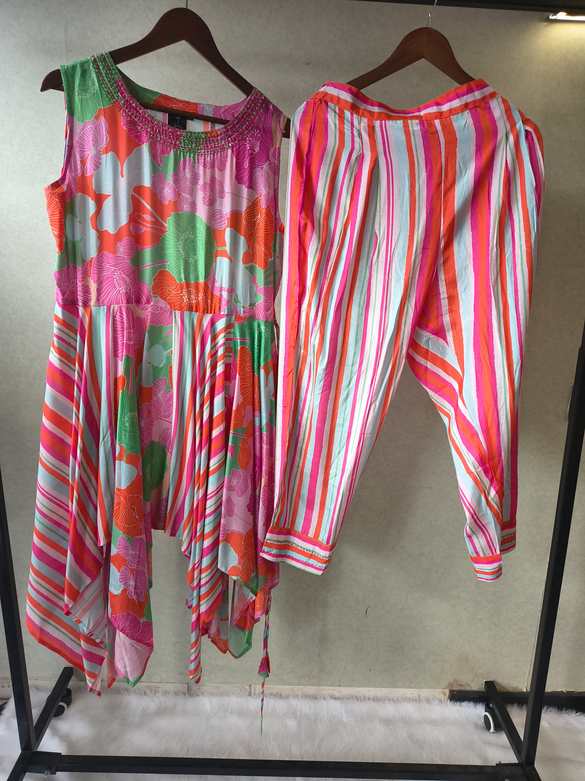 Premium Tropical Floral Handkerchief Kurta with Striped Tapered Pants Co-Ord Set