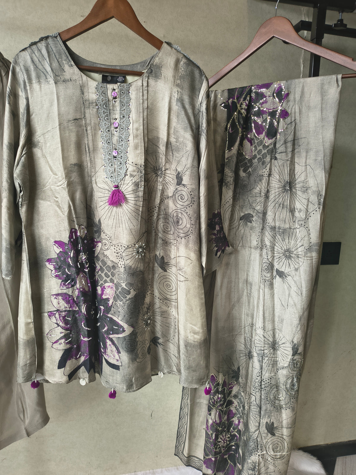Premium Grey Abstract Floral Printed Kurta Set with Embellished Neckline, Solid Pants & Designer Printed Dupatta