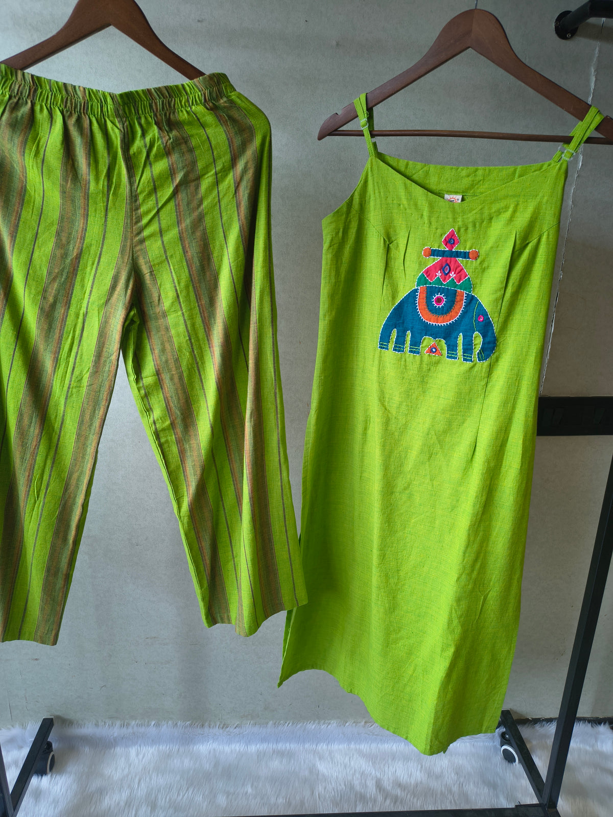 Lime Green Sleeveless Cotton Kurta Set with Tribal Elephant Appliqué & Striped Straight Pants
